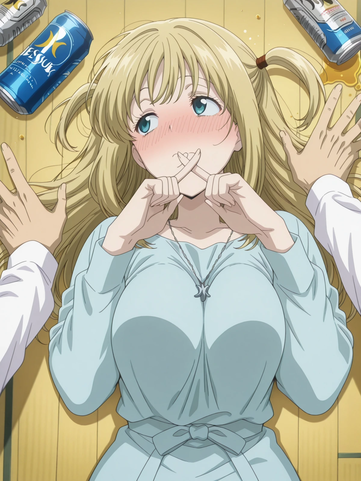 masterpiece, best quality, amazing quality,, <lora:misa-amane-anime-illustriousxl-lora-nochekaiser:1>, misa amane, long hair, blonde hair, blue eyes, two side up, mature female, medium breasts, anime screencap,, <lora:getsuyoubi-no-tawawa-400-illustriousxl-lora-nochekaiser:1>, getsuyoubinotawawa 400, x fingers, looking away, blush, closed mouth, 1boy, lying, solo focus, on back, pov, nose blush, alcohol, can, pov hands, drunk, drink can, beer can, spill, on floor,, , ,
