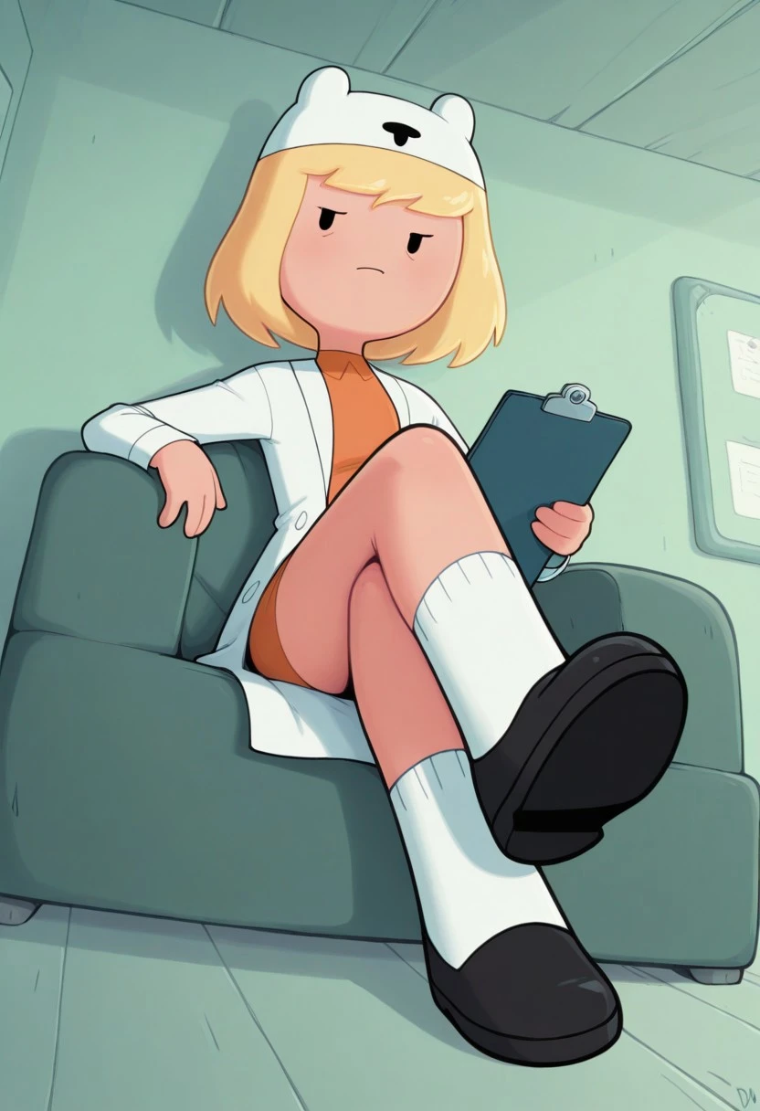 masterpiece, best quality, newest, absurdres, highres, 1girl, solo, minervaILL, blonde hair, short hair, labcoat, orange shirt, hat, white socks, black footwear, clipboard, sitting, legs crossed, doctors office,foreshortening, dynamic angle, adventure time, cartoon,