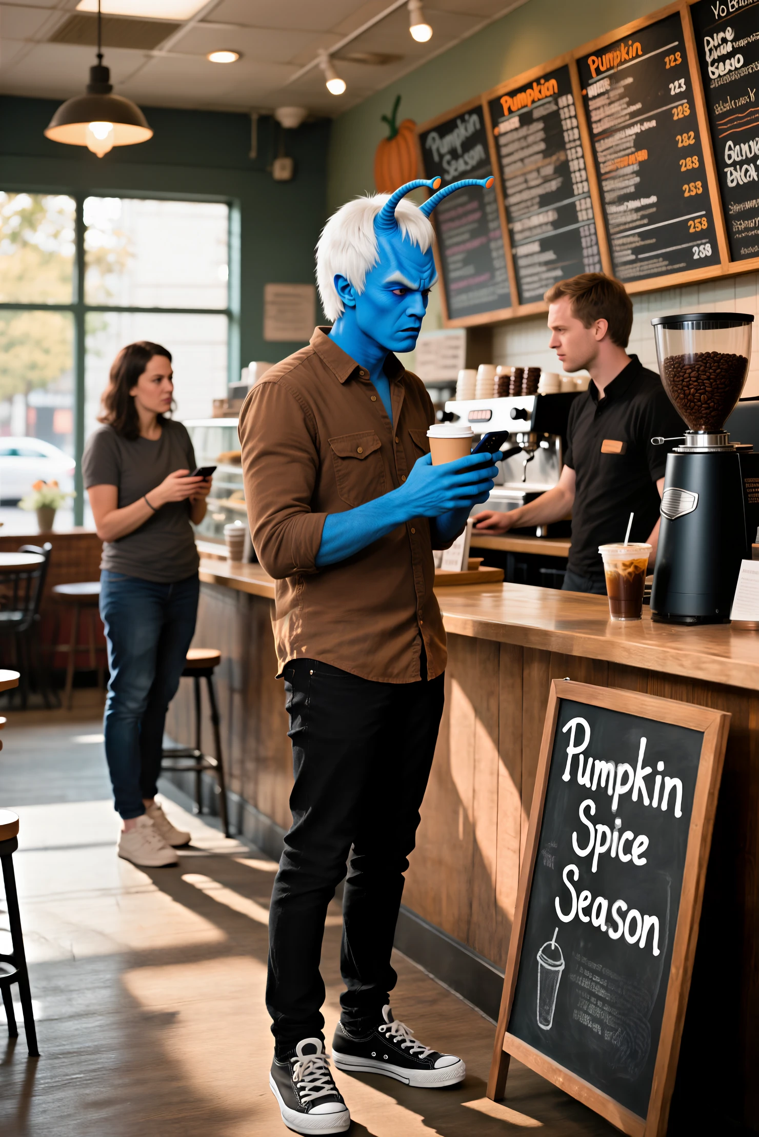 An Andorian man with bright blue skin and white hair is standing in line at a coffee shop, holding a reusable cup with a frustrated look on his face. His antennae droop slightly as he stares at the extensive, complicated menu board above the counter, clearly overwhelmed by the number of drink options. Wearing a simple brown flannel shirt, black jeans, and sneakers, he fumbles with his phone, while the person behind him impatiently taps their foot. A human barista glances nervously at him. The cozy cafe is filled with the comforting hum of coffee machines and the rich scent of roasted beans, while sunlight filters through the windows, casting soft shadows on the floor. A nearby chalkboard proudly advertises "Pumpkin Spice Season".