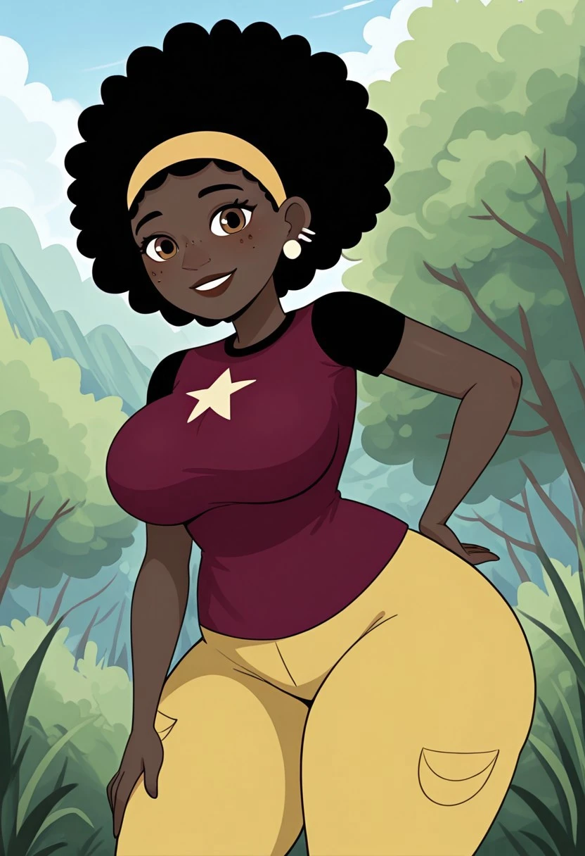 1girl, solo female, ng_deepnegative_v1_75t, easynegative, absurdres, detailed, masterpiece, bestquality, Koki, Black Hair, Short Hair, Curly Hair, Afro, Hairband, Yellow Hairband, Dark Skin, Dark-Skinned Female, Very Dark Skin, Brown Eyes, Yellow Pants, Maroon Shirt, Star (Symbol), Earrings, Jewelry, Freckles, , wide , thick thighs, outdoors, nature, looking at viewer, smile, hand on hip, pose, perfect hands, mature female