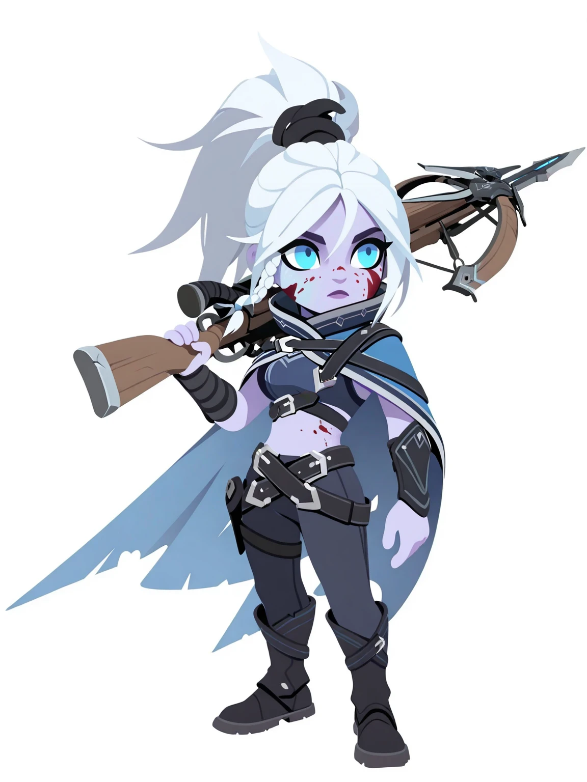 <lora:DotA_DrowArcana-IL:0.9> 1girl, solo, lineless art, chibi, full body, black crossbow, weapon on shoulder, white background, d2drwarc, white hair, ponytail, braid, sidelocks, blue eyes, blood on face, colored skin, purple lips, blue cape, crop top, midriff, bracers, belt, pants, DogePOS-NAI_30v