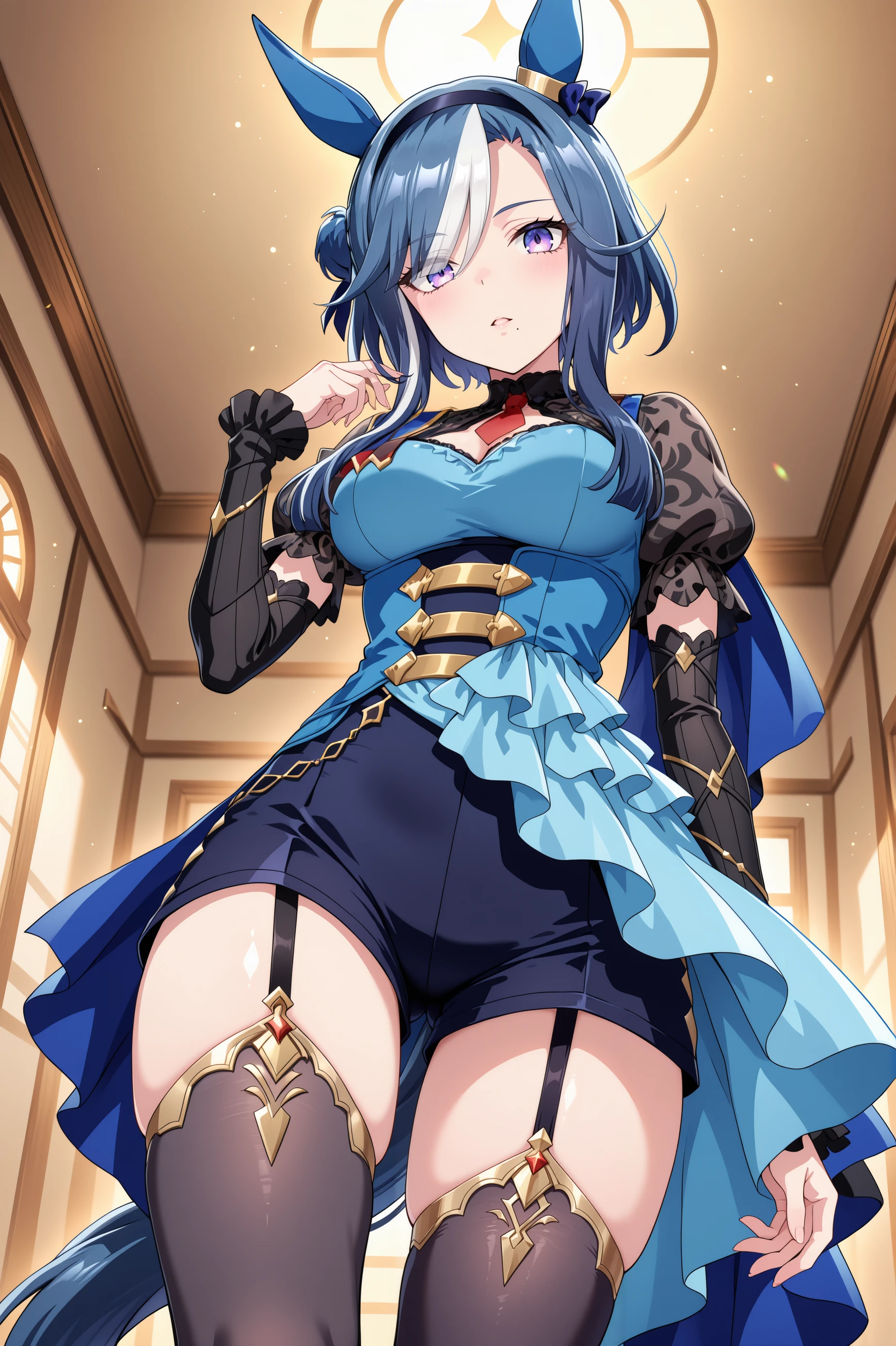 1girl, admire groove \(umamusume\), umamusume, animal ears, horse ears, horse girl, solo,
blue hair, purple eyes, multicolored hair, hair bun,ear covers, ear bow, medium breasts, white hair, two-tone hair, streaked hair, ear ornament, black hairband, medium hair, mole under mouth, blue bow, short hair with long locks, eyes visible through hair, hair over one eye,
<lora:admiregroove_Illust_v2:0.7>
red necktie, garter straps, black thighhighs, cleavage cutout, blue dress, puffy sleeves, blue cape, juliet sleeves, shorts, frills, black shorts, black footwear,
from below, upper body, looking at viewer, happy, parted lips,
(masterpiece, best quality, newest, highres), (anime coloring:1.5), (anime screenshot:1.5)