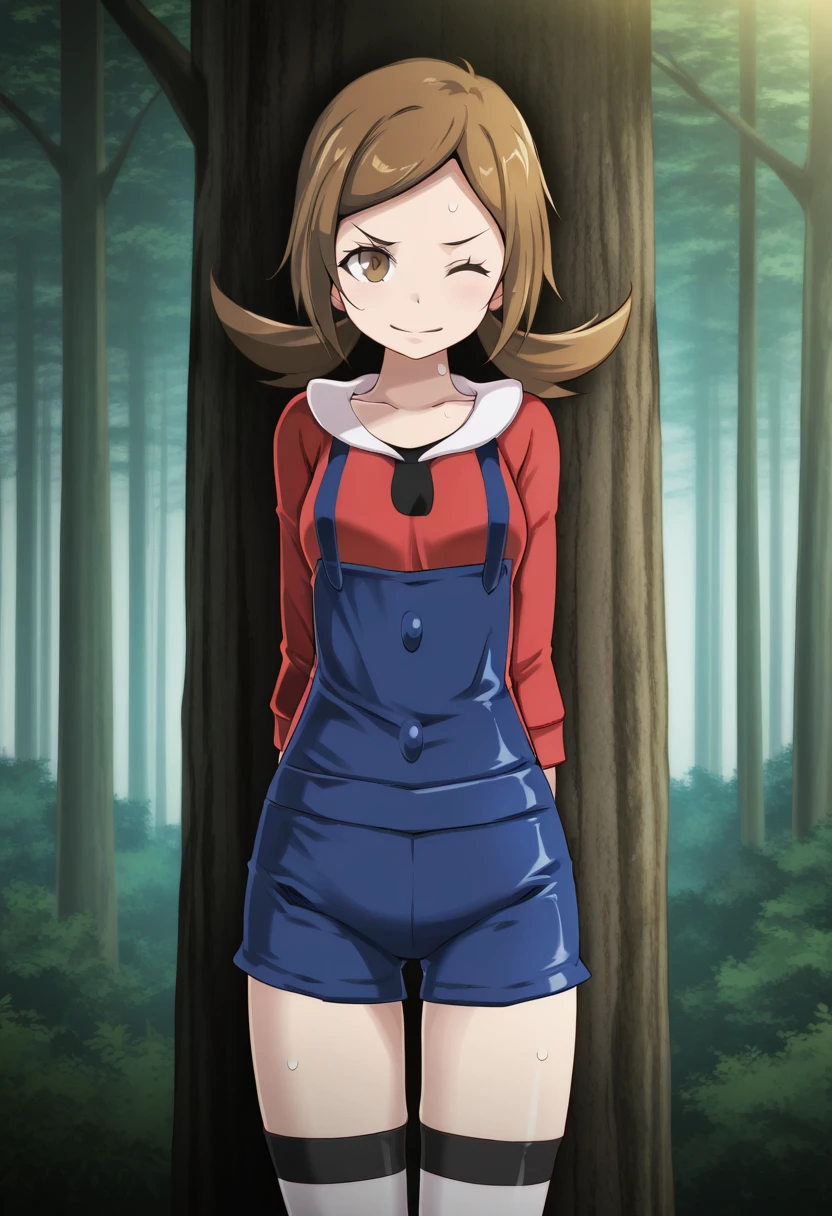 1girl, solo, kotonelyratsukishiro, brown hair, low twintails, long hair, straight hair, brown eyes, no hat, shirt, long sleeves, undershirt, shirt under shirt, collarbone, overalls, thighhighs, outdoors, forest, cowboy shot, standing, smile, arms behind back, tree, against tree, wink, looking at viewer,