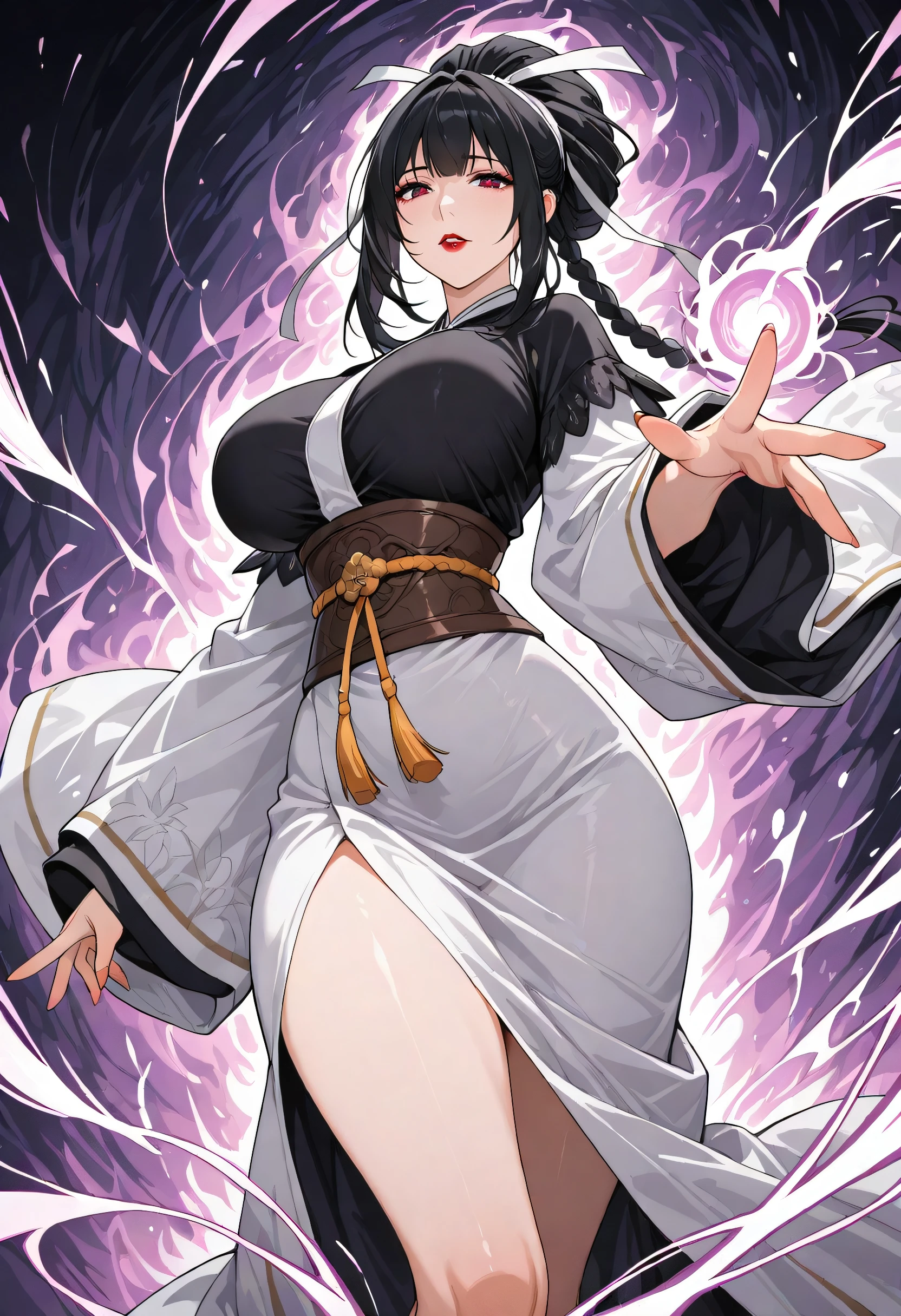 embedding:lazympos, masterpiece, very aesthetic, absurdres, best quality, good quality, newest, highres, uncensored, ,

1girl, solo, mature female, wolharang, black hair, very long hair, braid, side braid, long_bangs, hair_over_one_eye,  blunt bangs, long sidelocks, hair ribbon, hair bow, tied hair, updo, sharp eyes, long eyelashes, red lipstick, , curvy, narrow_waist, wide , thick_thighs, 
layered_kimono, black outer shirt, white inner dress, white trimming, long sleeves, wide sleeves, brown belt guard, white waist sash, gold trimming, slit dress, long dress, embroidered sleeve,  outstretched_hand, reaching_out, side view, cowboy_shot, dutch_angle, from above, energy, aura, magic effect, swirling energy aura from hand,