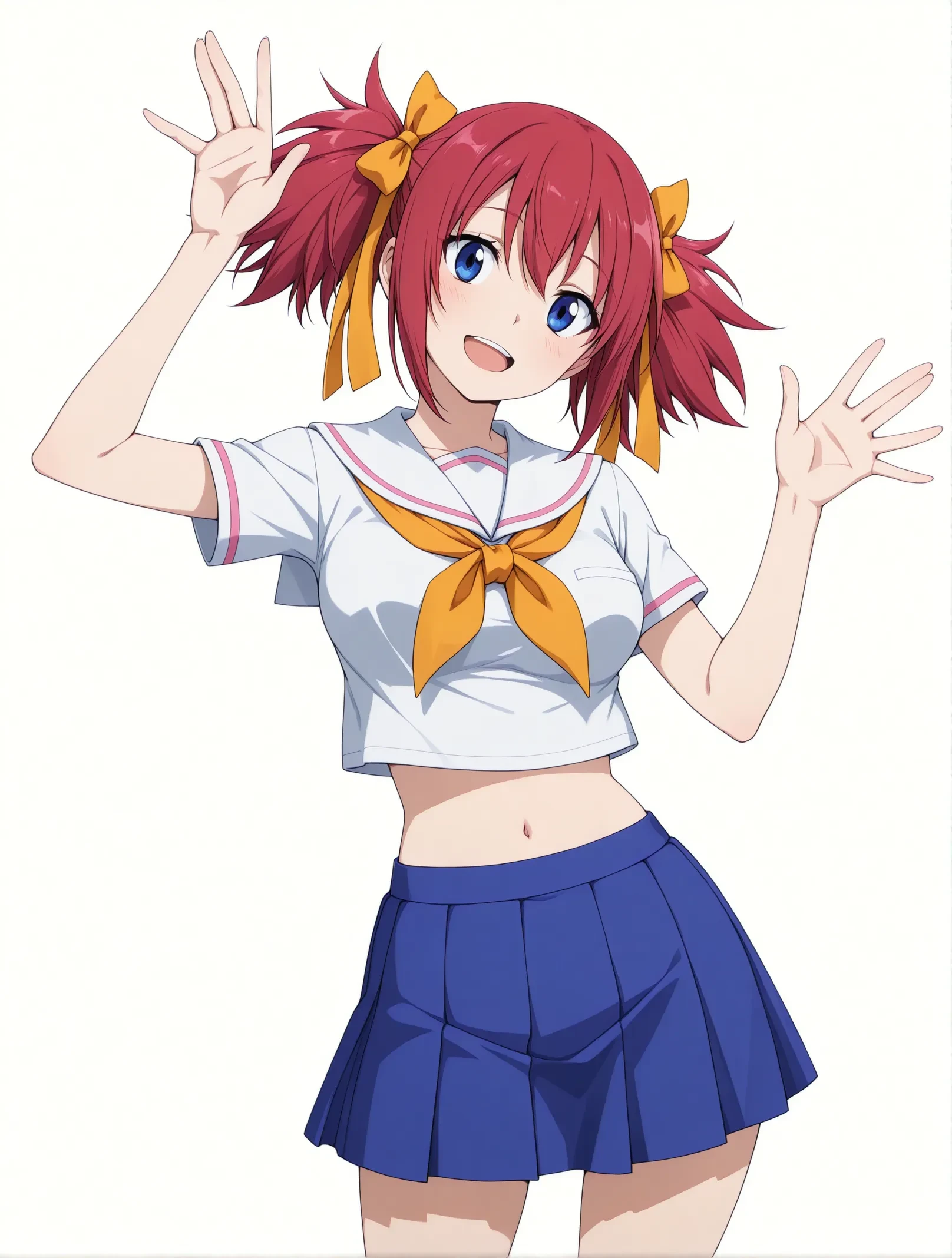 masterpiece, best quality, good quality, explicit,1girl,solo,anime coloring, highres,perfect lighting,<lora:CleanAnime - [Enchanter] - IllustriousXL v4.0:0.7>,<lora:AntiglazeSerum_rev5:0.6>,(flat color:1.2),
Fair-skinned,cute face,cowboy shot, 
cowboy shot,
<lora:sheria_blendy_ill_v01.safetensors:1>,
sheria blendy,outfit2,,
twintails,medium hair,red hair,hair bow,hair yellow ribbon,blue eyes,
serafuku,sailor collar,midriff,short sleeve,white shirt,yellow ribbon tie,yellow neckerchief,navel,pleated skirt,blue skirt,
smile,head tilt, waving, open mouth, 
medium breasts, 
one arm up,
simple background, white background,