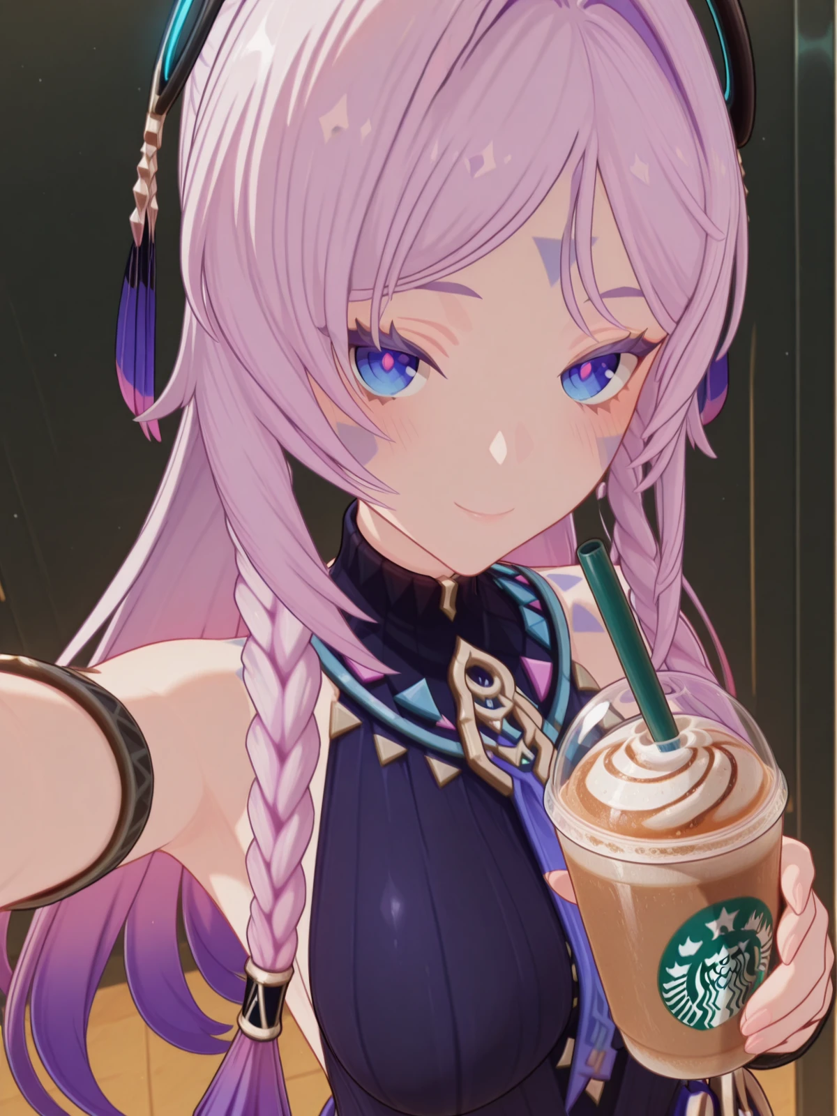 masterpiece, best quality, amazing quality,, <lora:genshin-citlali-ingame-illustriousxl-lora-nochekaiser:1>, citlali, citlali (genshin impact), blue eyes, braid, pink hair, facial mark, forehead mark, long hair, pink pupils, purple hair, gradient hair, hair ornament, twin braids, mature female, medium breasts, 3d,, <lora:selfie-holding-starbucks-cup-illustriousxl-lora-nochekaiser:1>, selfie holding starbucks cup, starbucks, solo, looking at viewer, blush, smile, holding, upper body, cup, holding cup, drinking straw, reaching, drink, disposable cup, selfie, reaching towards viewer,, , ,