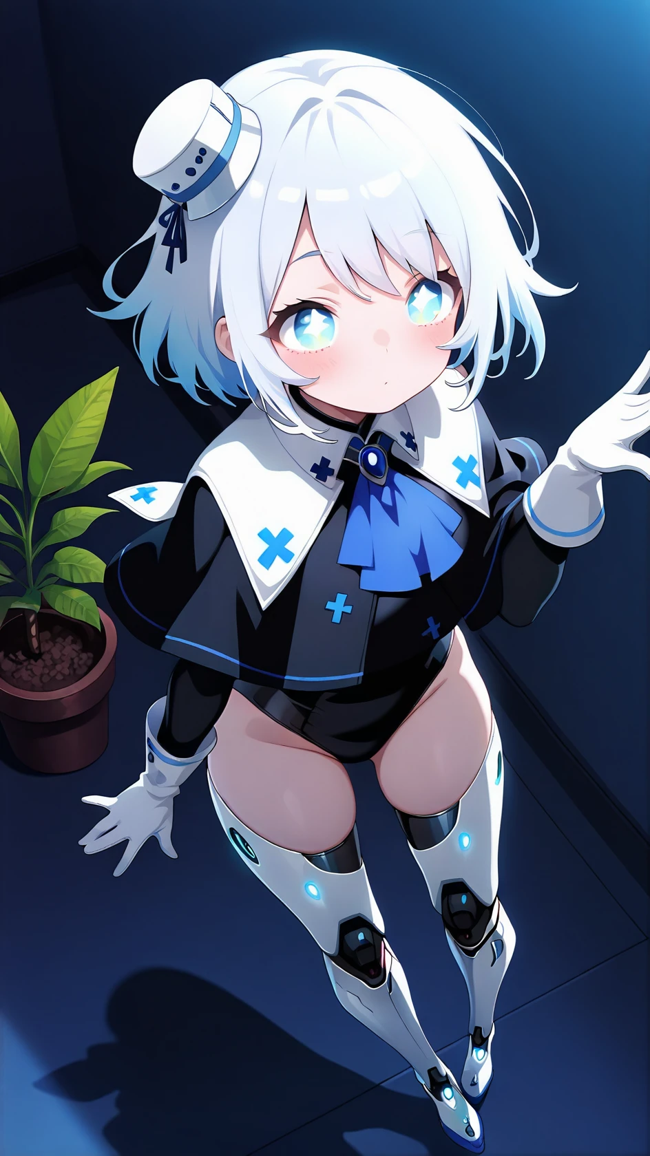 masterpiece, best quality, very high quality, ultra detailed, masterpiece, nsfw, <lora:sometyome_style:0.8>, sometyome_illu, <lora:illustrious_flat_color_v2:1>,
abstract, cinematic lighting, very beautiful, anime coloring, screencap, anime screencap,,
dynamic pose, erotic pose, full body,, masterpiece,best quality,amazing quality, potted plant,(from above:1.5),
<lora:pinoha-000030:0.8>, 1girl, solo, , blue eyes, gloves, whie hat, blue hair, white hair, boots, , white gloves, , +_+, blue ascot, capelet, two tone thighhighs, , long sleeves, robotic legs,, masterpiece,best quality,amazing quality,