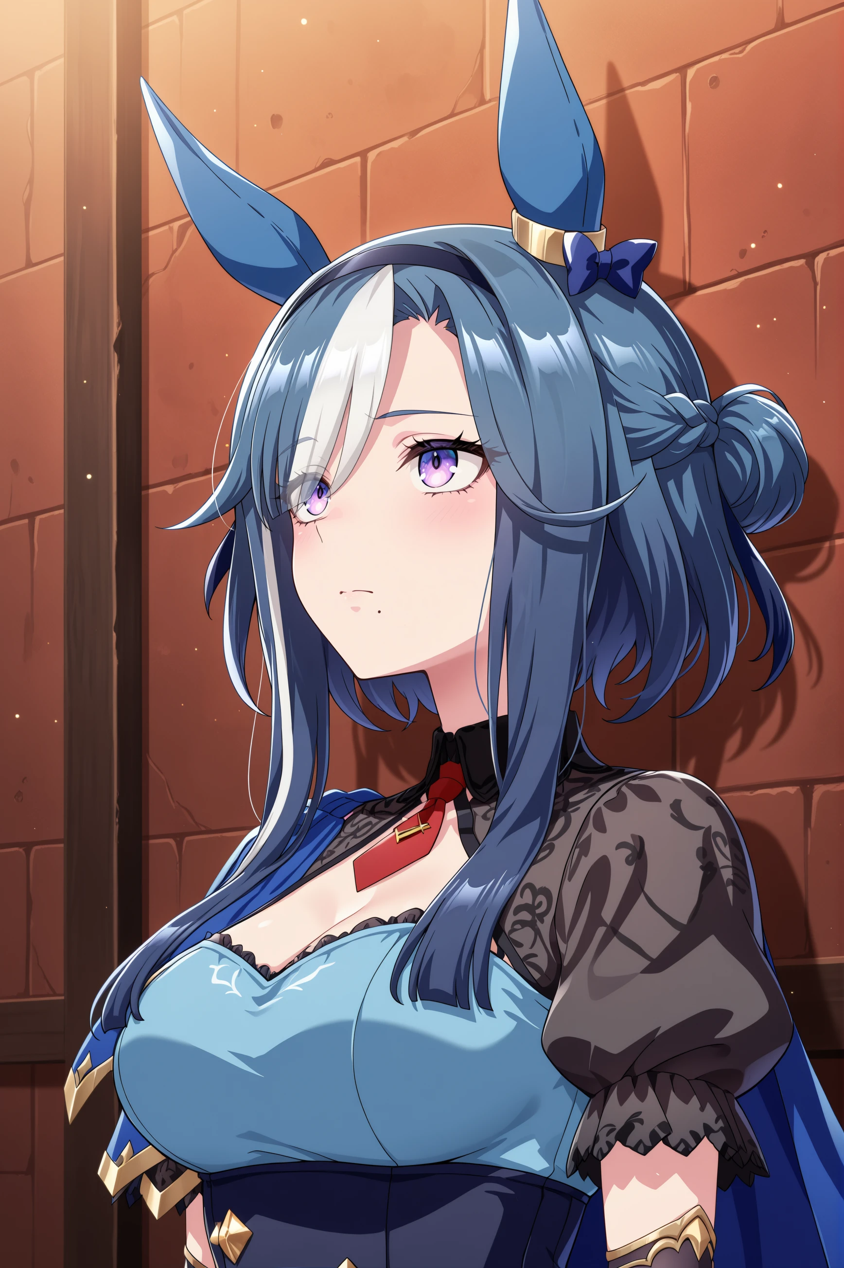 1girl, admire groove \(umamusume\), umamusume, animal ears, horse ears, horse girl, solo,
blue hair, purple eyes, multicolored hair, hair bun,ear covers, ear bow, medium breasts, white hair, two-tone hair, streaked hair, ear ornament, black hairband, medium hair, mole under mouth, blue bow, short hair with long locks, eyes visible through hair, hair over one eye,
<lora:admiregroove_Illust_v2:0.7>
red necktie, blue dress, puffy sleeves, blue cape, juliet sleeves,
dutch angle, upper body, looking up, sad, closed mouth,
(masterpiece, best quality, newest, highres), (anime coloring:1.5), (anime screenshot:1.5)