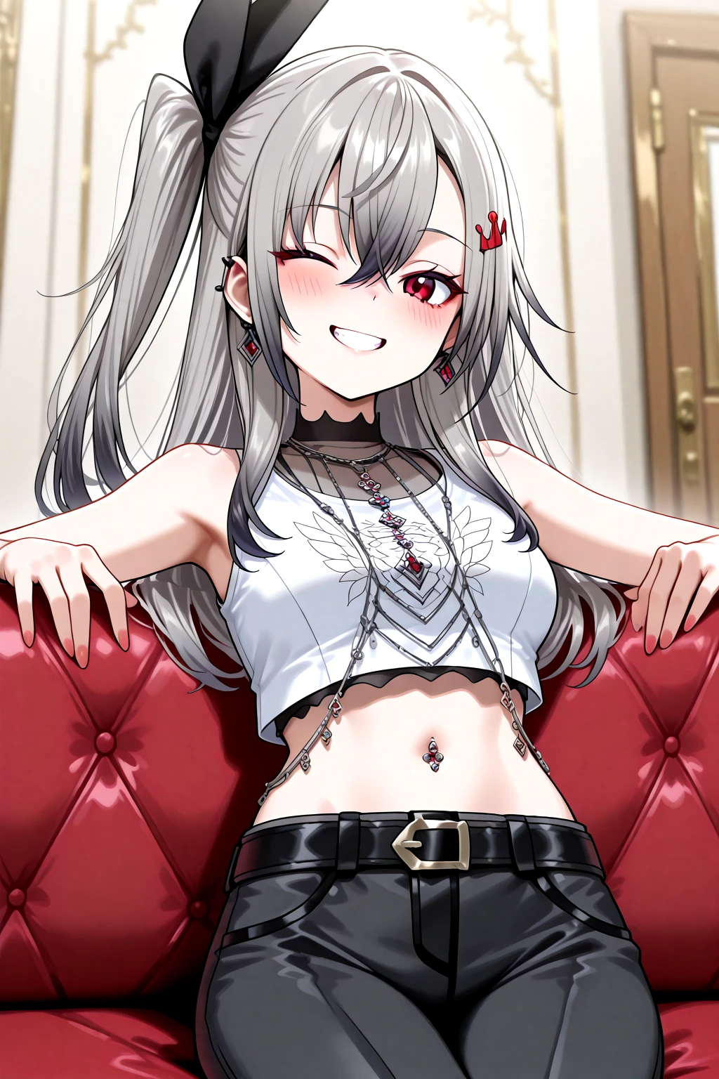 masterpiece, best quality, amazing quality, 1girl, solo, makeup, general, cowboy shot, looking at viewer, blush, dramatic angle, smile, confident, open mouth, grin, tsurime, seduce, sit on couch, red couch, indoors, room, crossed legs, one eye closed, hands up, <lora:Hololive_Riona:1>, Hololive_Riona, long hair, red eyes, grey hair, hair ornament, hairclip, black hair ribbon, hair between eyes, side ponytail, one side up, breasts, sidelocks, nail polish, jewelry, piercing, navel piercing, earrings, necklace, white shirt, sleeveless shirt, crop top, bare shoulders, navel, midriff, belt, pants, <lora:wai-A3-V140:1>, <lora:illustrious_noobai_epsilon_pred_1_masterpieces_v1:1>