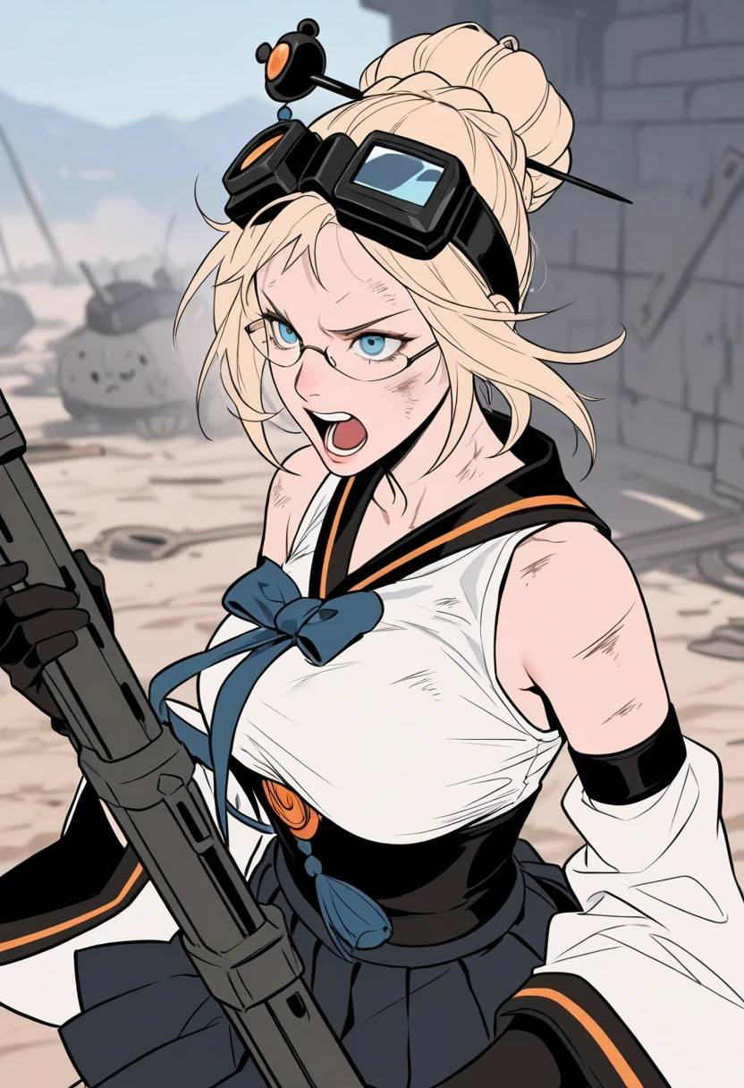 HDR, masterpiece, best quality, very aesthetic, (realistic:1.1), (flat color:1.5),
bibi, 1girl, solo, blue eyes, blonde hair, hair ornament, glasses, hair bun, single hair bun, goggles on head, hair stick, braid,
dress, black sailor collar, detached sleeves, wide sleeves, bare shoulders, white shirt, sleeveless shirt, pleated skirt, elbow gloves, large breasts, detailed background, war, weapon, holding weapon, yelling, torn clothes, dirty, scratches, war