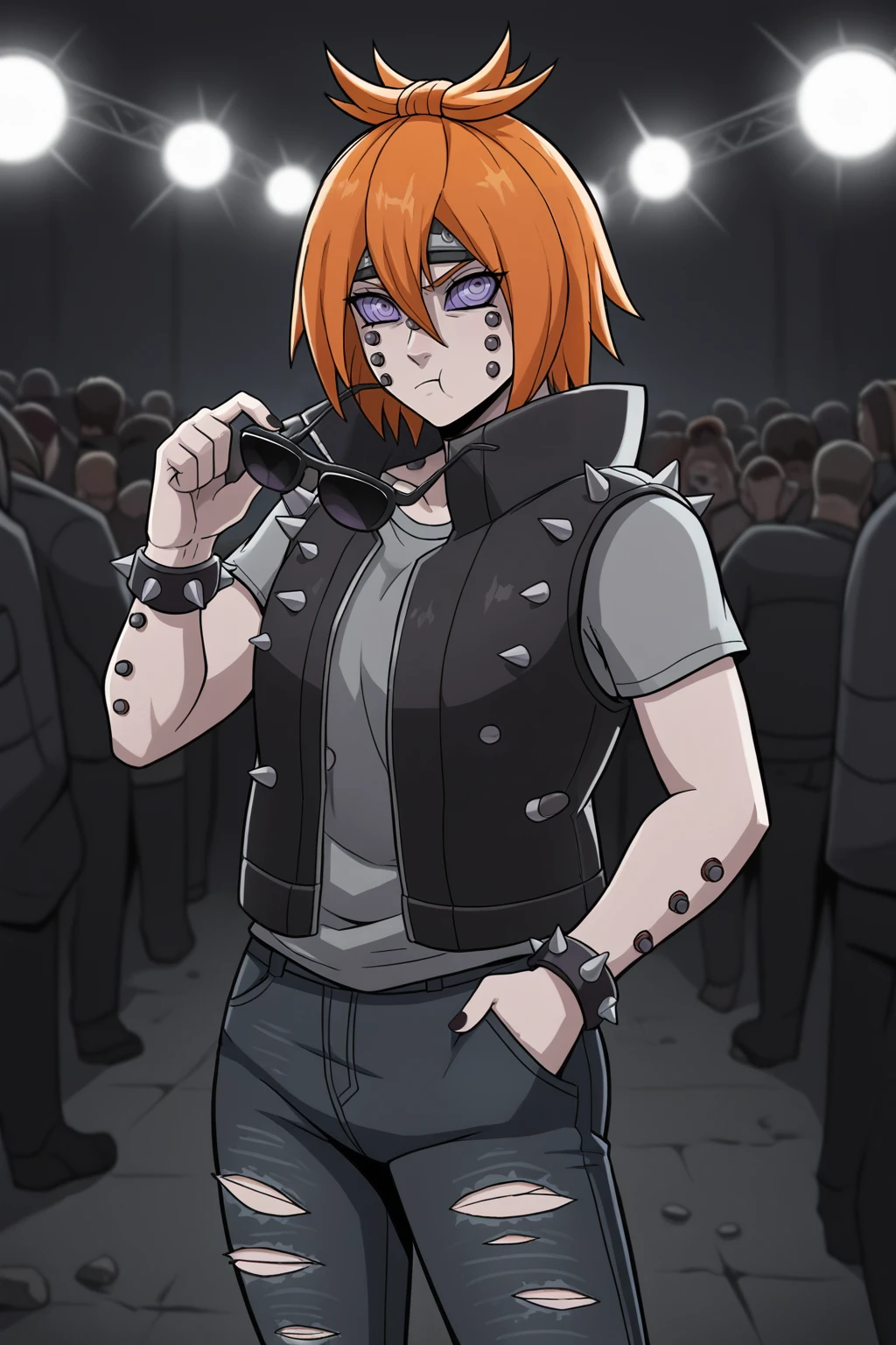 masterpiece, best quality, very aesthetic, amazing quality, highres, absurdres, normal quality, chikushodo, (holding sunglasses:1.2), sunglasses in hand, solo, orange hair, purple sclera, ringed eyes, piercing, (artist:hedit:0.65), looking at viewer, leather vest, spiked vest, black vest, torn clothes, grey t-shirt, (black sunglasses:1.2), torn jeans, hand in pocket, spiked bracrlets, arm piercing, rock concert scenario, standing in crowd, dark background, projector lights, rock stage, punk wibes, :t, ducht angle, forehead protector, blurry background, open neck