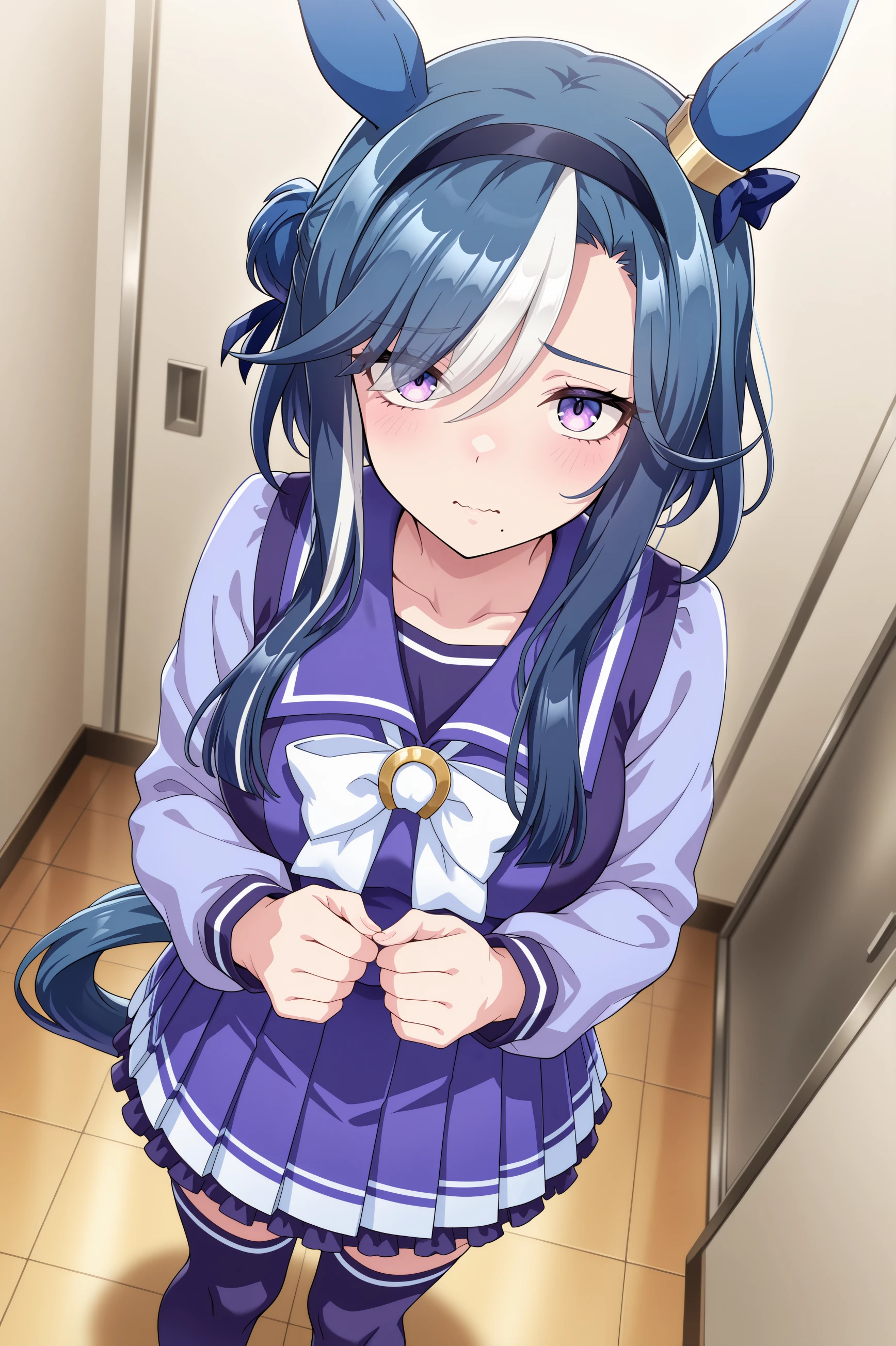 1girl, admire groove \(umamusume\), umamusume, animal ears, horse ears, horse girl, solo,
blue hair, purple eyes, multicolored hair, hair bun,ear covers, ear bow, medium breasts, white hair, two-tone hair, streaked hair, ear ornament, black hairband, medium hair, mole under mouth, blue bow, short hair with long locks, eyes visible through hair, hair over one eye,
<lora:admiregroove_Illust_v2:0.7>
tracen school uniform, long sleeves, winter uniform, purple skirt,
dutch angle, cinematic angle, looking up, wavy mouth, closed mouth,
(masterpiece, best quality, newest, highres), (anime coloring:1.5), (anime screenshot:1.5)