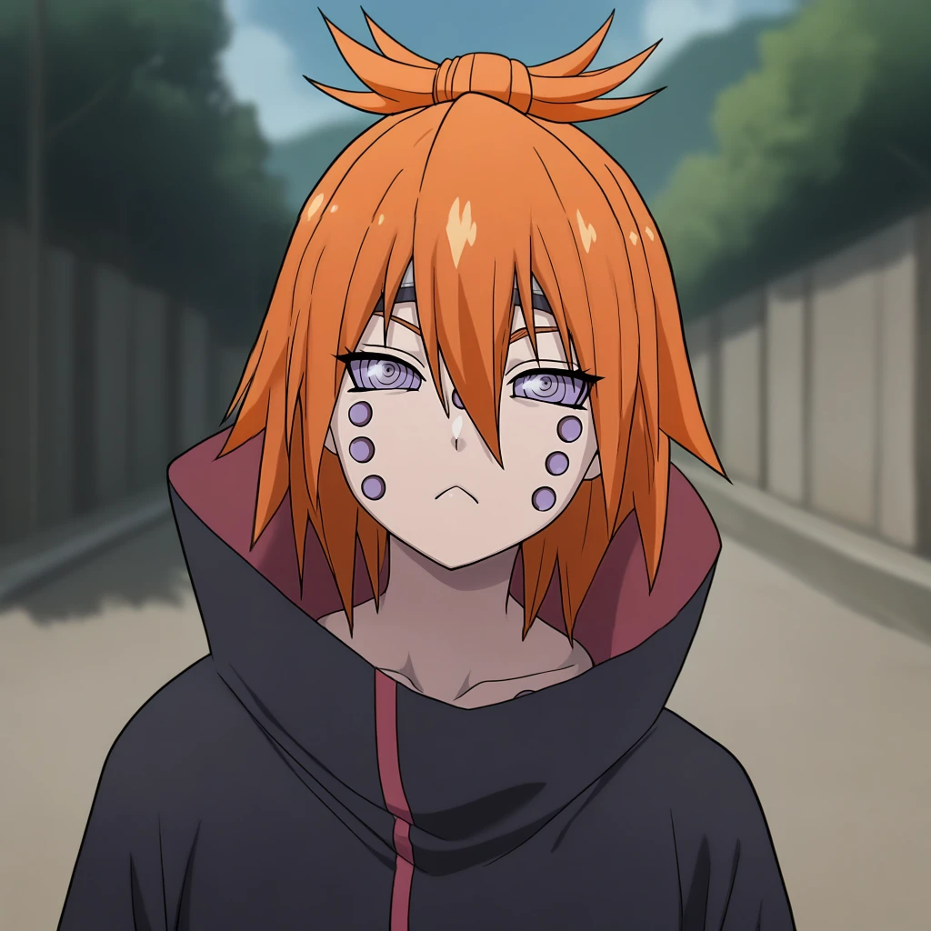 masterpiece, best quality, absurdres, highres, very aesthetic, anime screencap, portrait, chikushodo, orange hair, purple sclera, ringed eyes, akatsuki uniform, collarbone, piercing, looking at viewer, half-closed eyes, :<, 3 dots on face, outdoors, blurry background, upper body, [top knot]