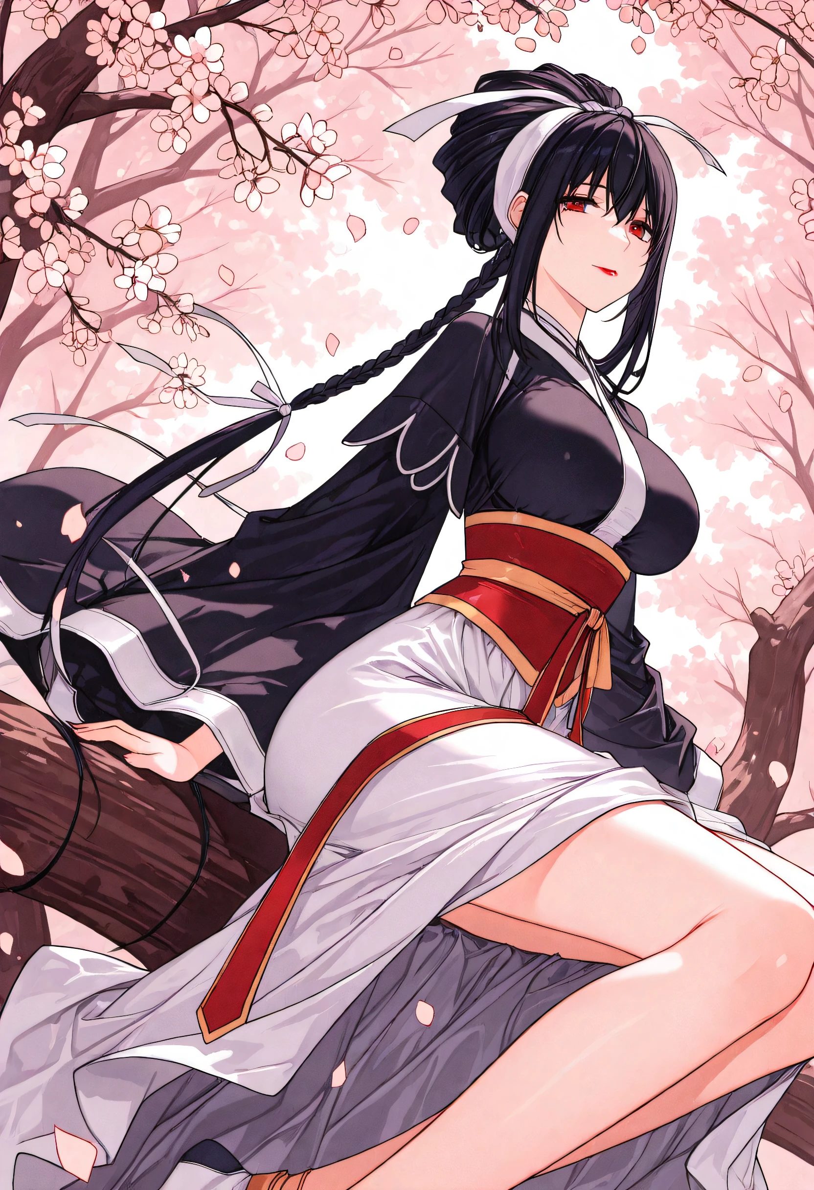 photorealistic,realistic,soft light,emotional expression,realistic shadows,erotic tension,digital painting,cel-shading,masterpiece,best quality,amazing quality,absurdres,ultra detailed,8k,ray tracing,very aesthetic,volumetric lighting,newest,anthro,detailed face eyes and fur,uncensored,
embedding:lazympos,
1girl, solo, mature female, wolharang, black hair, very long hair, braid, side braid, long_bangs, hair_over_one_eye, blunt bangs, long sidelocks, hair ribbon, hair bow, tied hair, updo, sharp eyes, long eyelashes, red lipstick, , curvy, narrow_waist, wide , thick_thighs,
black outer shirt, white inner dress, white trimming, long sleeves, wide sleeves, red belt guard, yellow waist sash, gold trimming, slit dress, long dress, embroidered sleeve, traditional footwear, socks, anklet ribbon, sitting, knees together, floating_hair, hair_flowing_over, floating_clothes,
side view, cowboy_shot, dutch_angle, looking_at_viewer,
floral_background, branch, tree, falling_petals, pink_background, natural background,