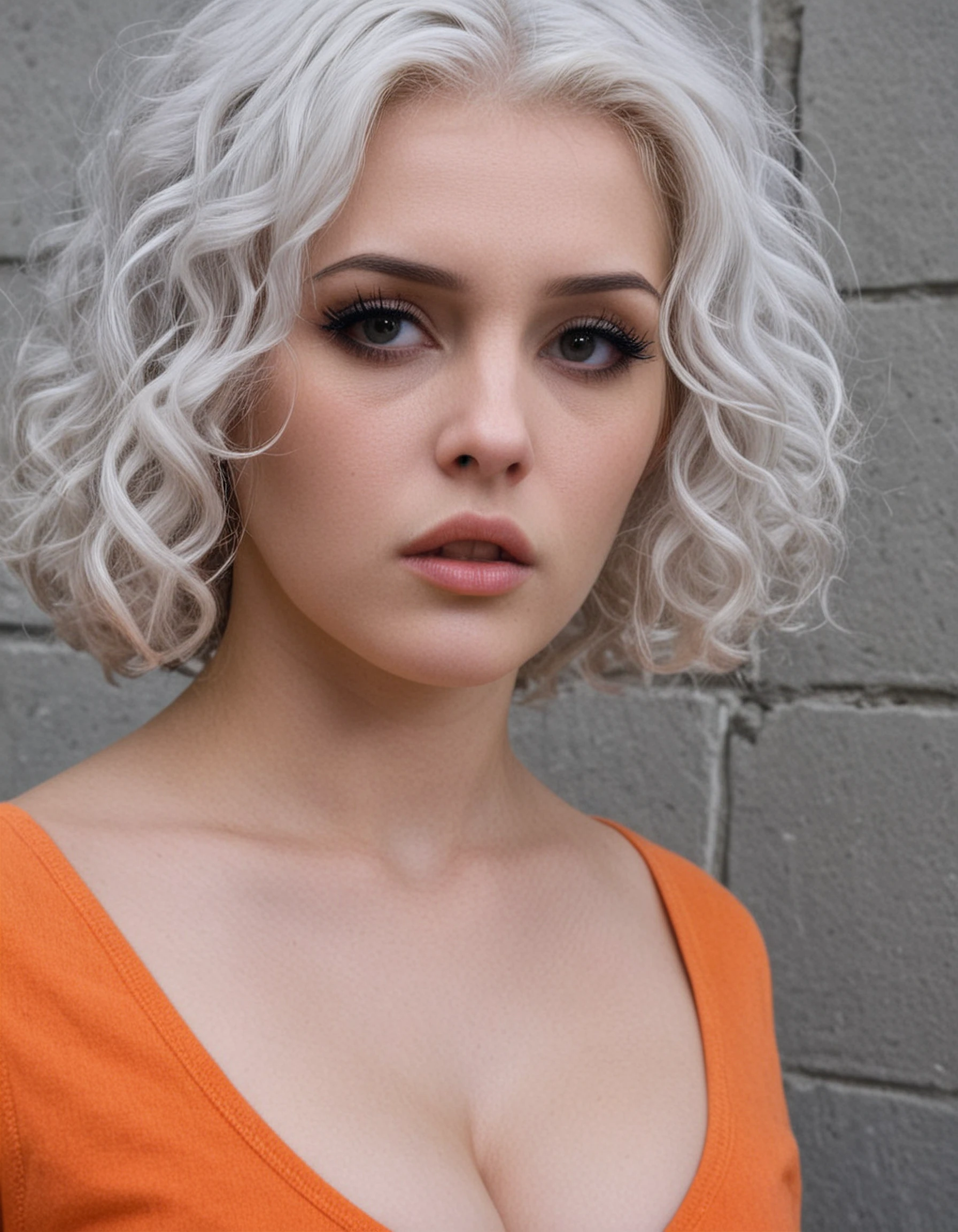 csenge, long neck,  cinder wall, orange v-neck, short hair, parted lips,, cleavage, eyelashes, (no makeup) white hair,  face details, pale skin, intricate skin details,  wavy  hair, sad, highly detailed, prisoner photo,  highly detailed