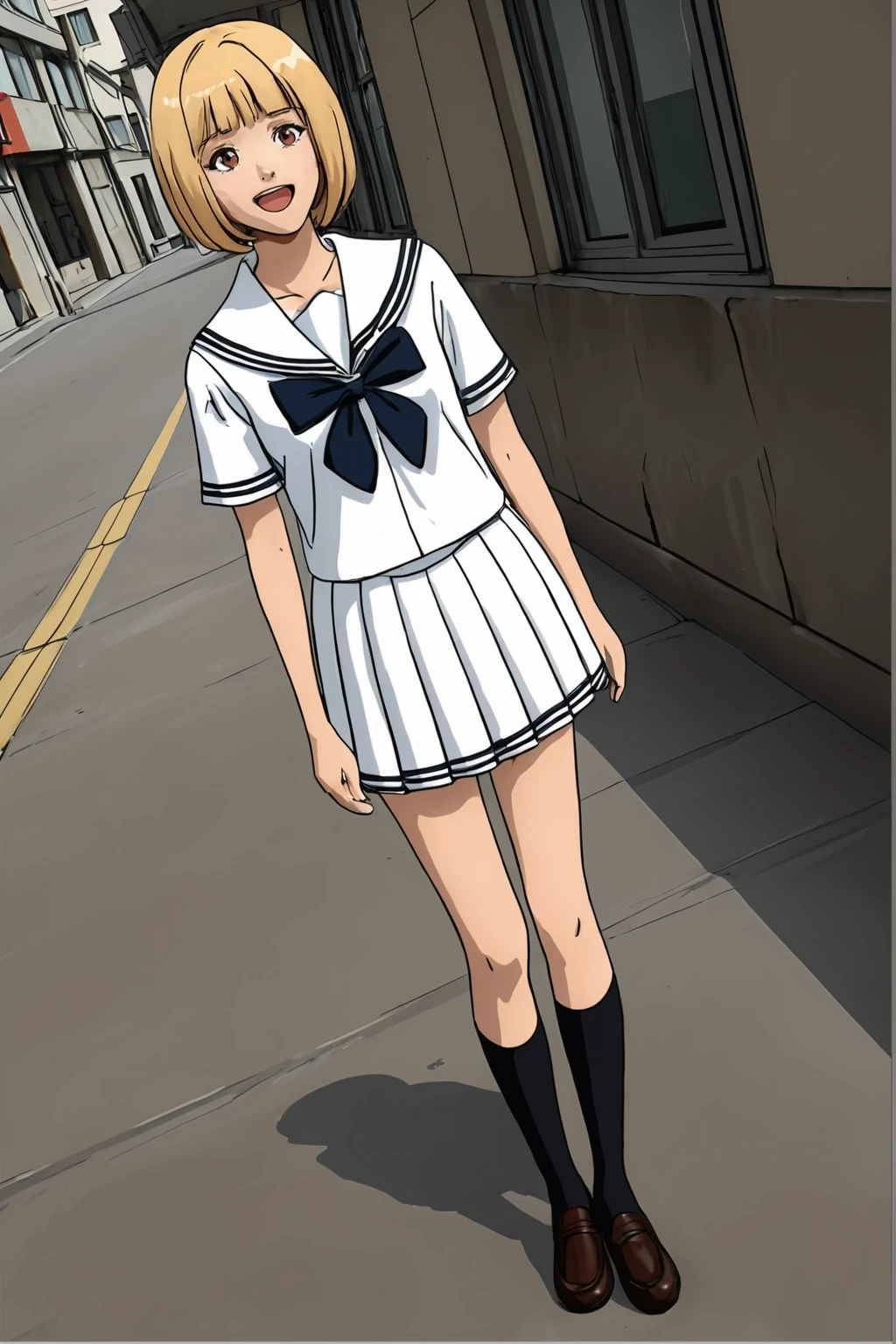 <lora:Nicole_Ninagawa:.6> nicoleninagawa, short hair, bangs, blonde hair,,,, ,school uniform, white shirt, short sleeves, pleated skirt, serafuku, socks,sailor collar, black socks, loafers,white skirt, ,standing, smile, open mouth, anime screenshot, upper body, dutch angle,