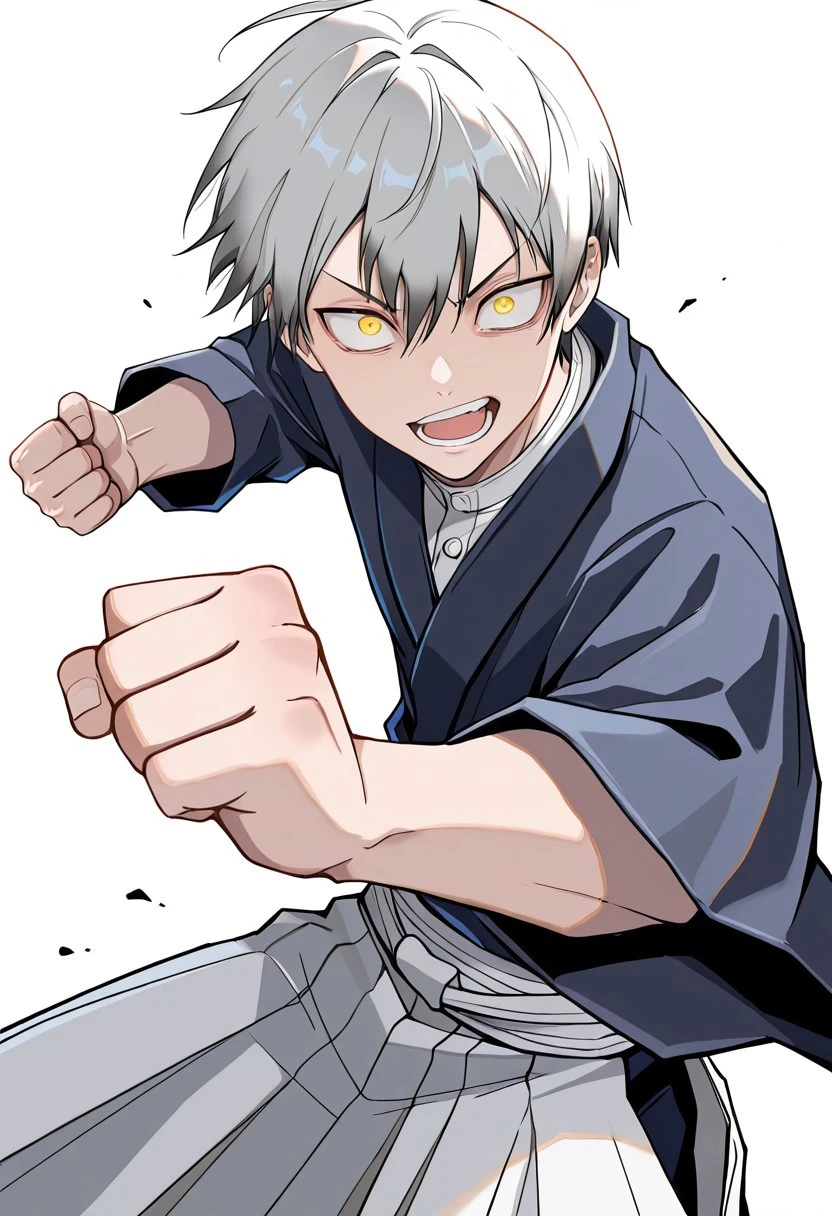 (masterpiece), best quality, expressive eyes, amazing quality, solo, short hair,1boy, clenched hand, japanese clothes, fighting stance, Naoyajjk, hair between eyes, yellow eyes,