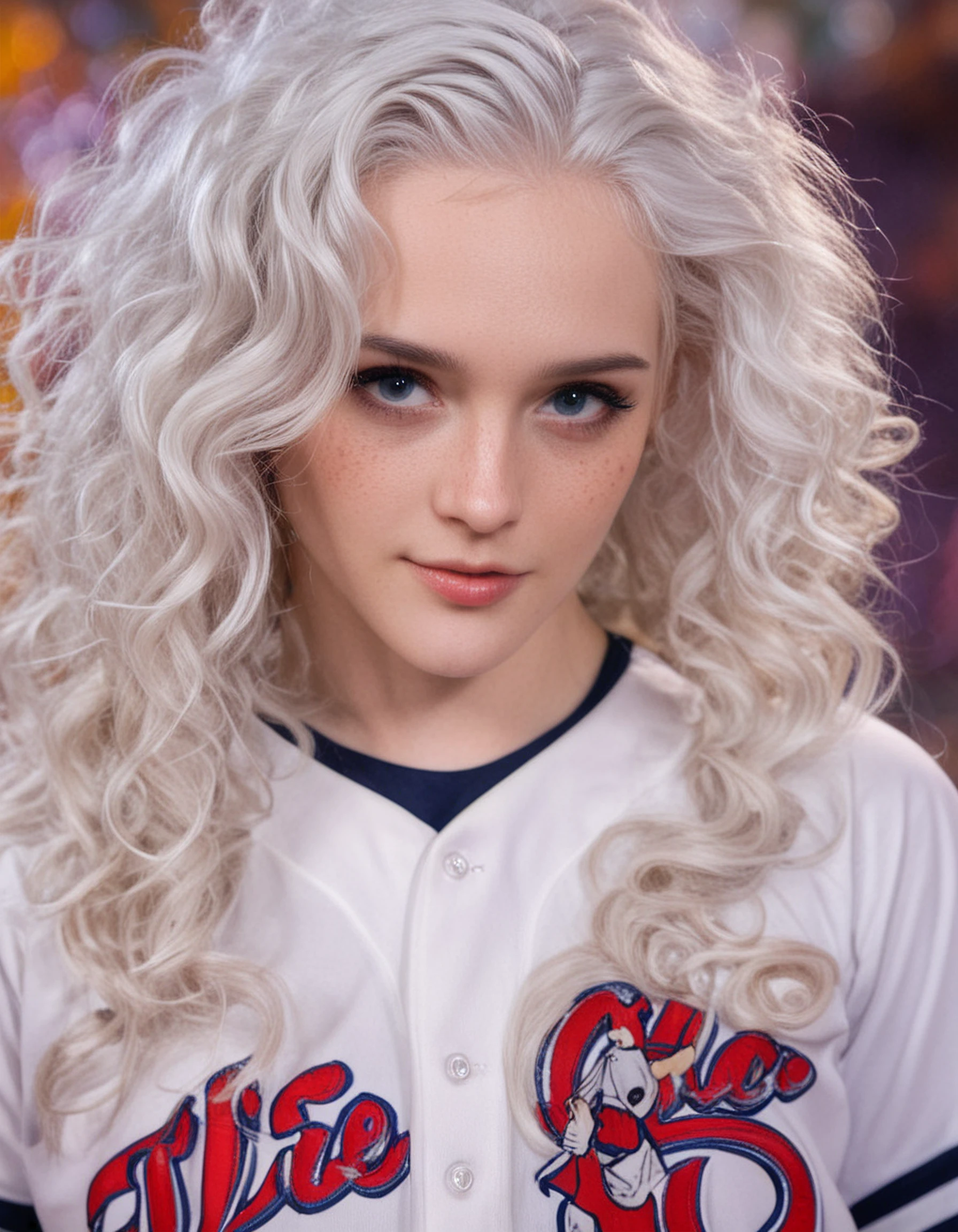 csenge, long neck, baseball jersey, white hair, face details, pale skin, intricate skin details, wavy hair, playful, highly detailed, High fashion, trendy, professional, highly detailed, detailed, bokeh background, abstract background, depth of field