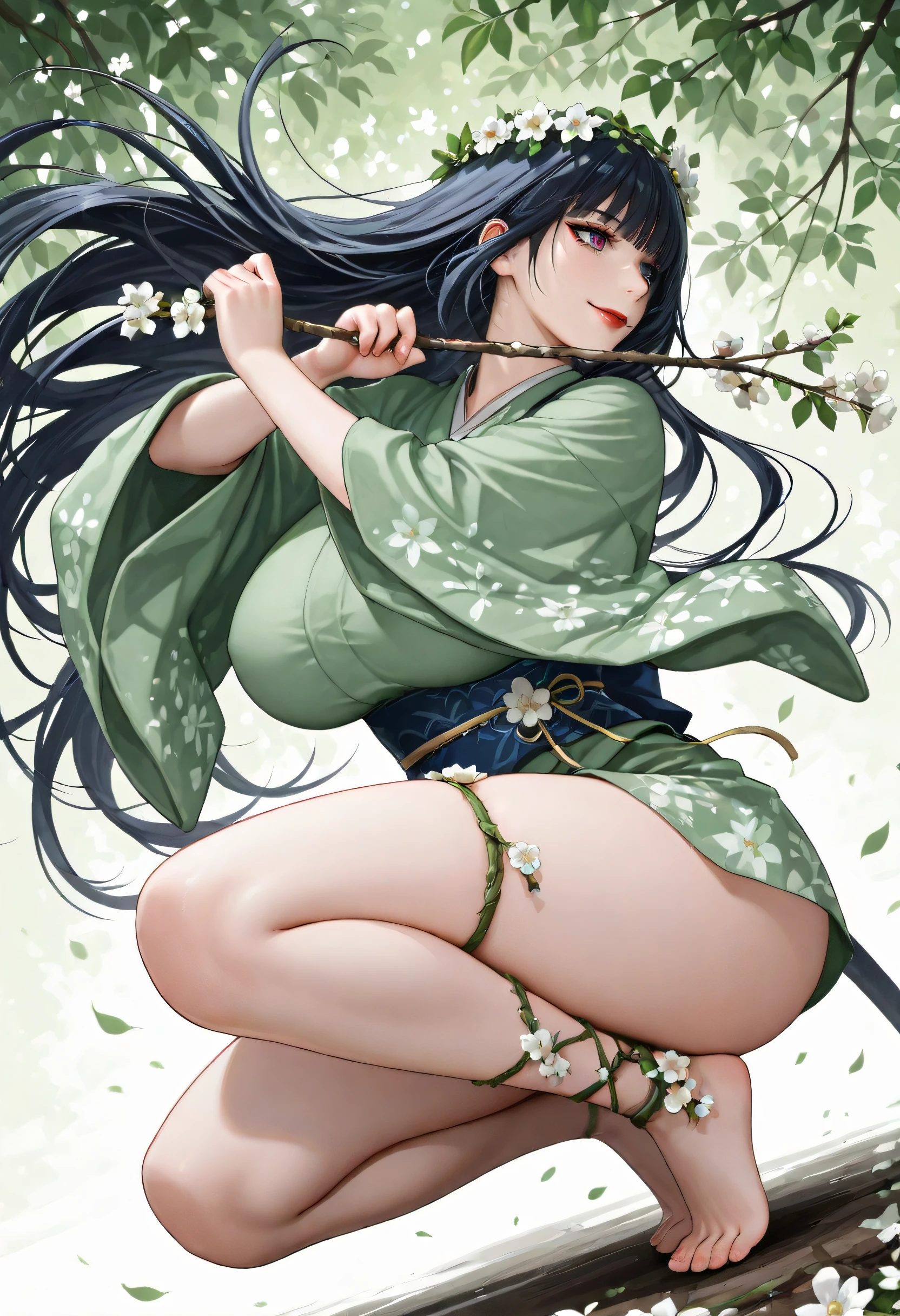 embedding:lazympos, masterpiece, very aesthetic, absurdres, best quality, good quality, newest, highres, uncensored, ,
1girl, solo, mature female, wolharang, black hair, very long hair, long_bangs, hair_over_eye, blunt bangs, long sidelocks, hair down, sharp eyes, long eyelashes, red lipstick, , curvy, narrow_waist, wide , thick_thighs, large ,
green kimono, short kimono, yukata, floral pattern, green dress, blue sash, white flower crown, barefoot, flower ornament, white flower ornament, floral leg ornament, vine wrapping legs, loose sleeves, full body, light_smile, floating_hair, hair_flowing_over, floating_clothes,
cowboy_shot,
squatting, one knee on the ground, holding weapon, holding_branch, (holding branch weapon), combat stance, sword stance, from above, dutch_angle, holding branch with two hands, long branch, two-handed, leaves swirling around branch, green energy around branch, looking_to_the_side, side view, kasumi fighting stance,
floral_background, branch, tree, falling_leaves, falling_petals, green_background, natural background,