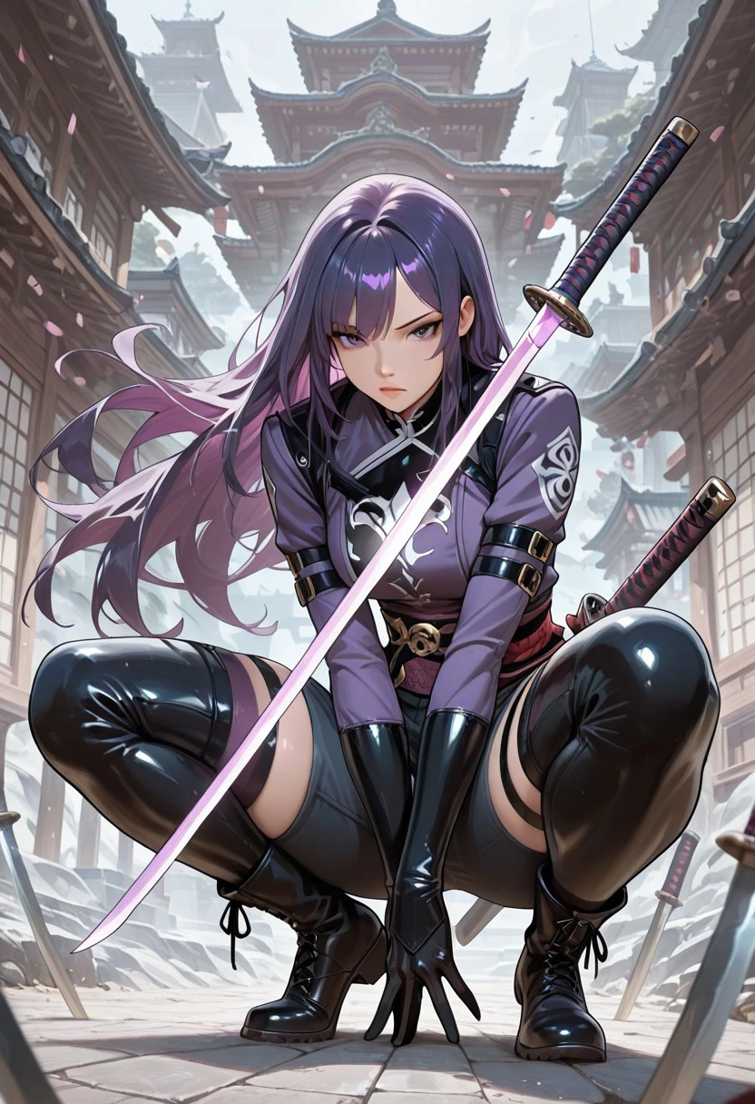 masterpiece, newest, absurdres, best quality, 1girl, solo, weapon, sword, long hair, gloves, purple hair, thighhighs, elbow gloves, pants, long sleeves, rating: safe, boots, katana, squatting, breasts,