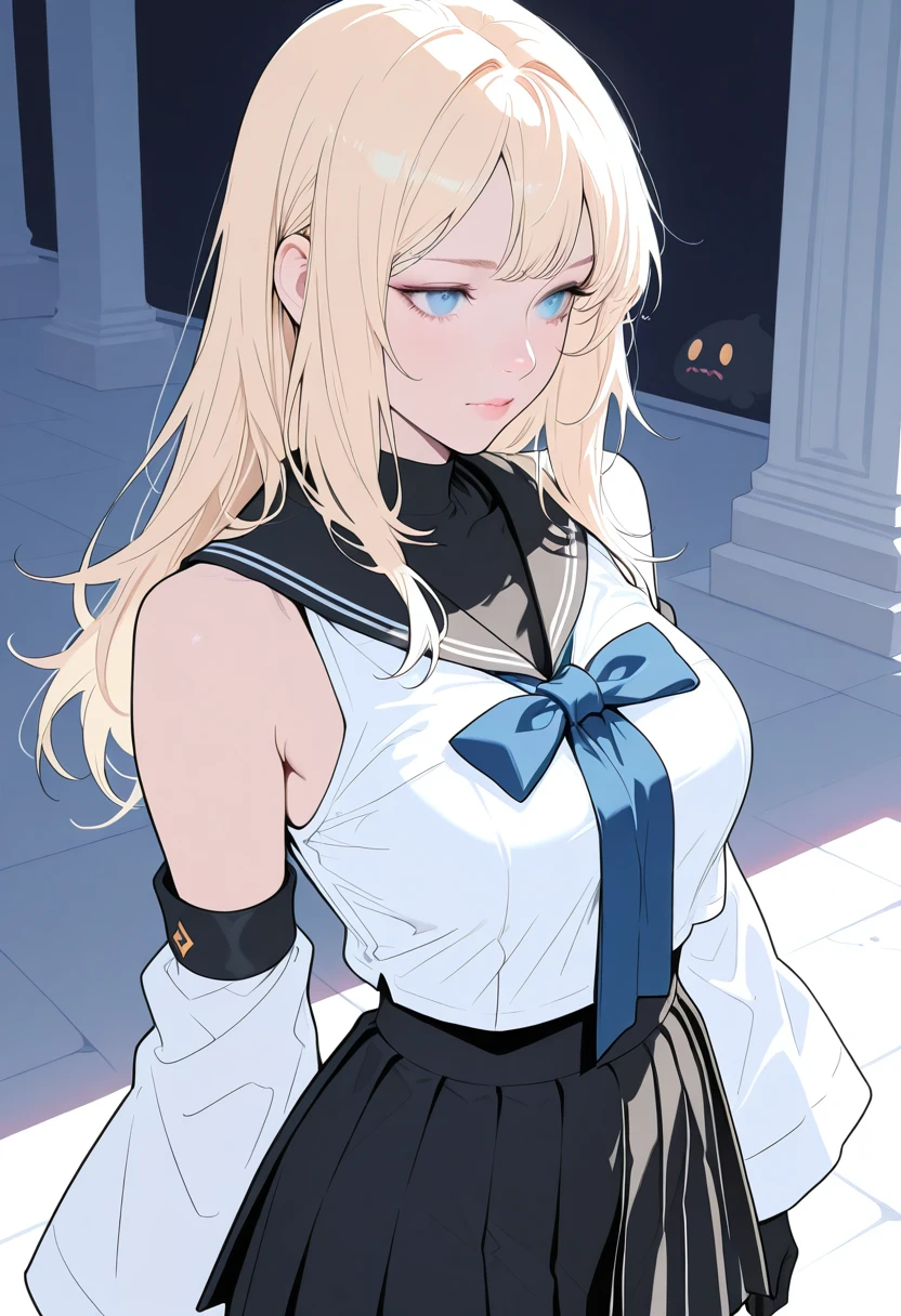 HDR, masterpiece, best quality, very aesthetic, (realistic:1.1), (flat color:1.5),
bibi, 1girl, solo, blue eyes, blonde hair, long hair,
dress, black sailor collar, detached sleeves, wide sleeves, bare shoulders, white shirt, sleeveless shirt, pleated skirt, elbow gloves, large breasts,