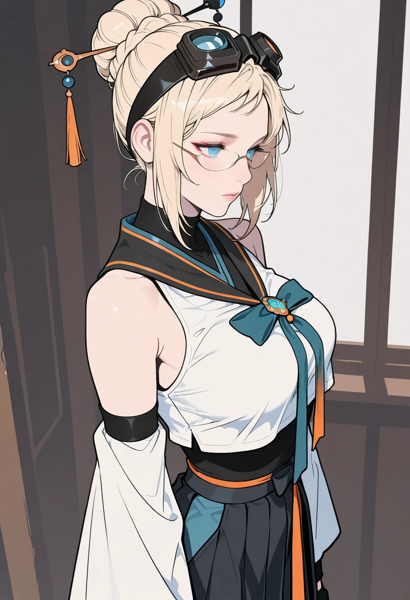 HDR, masterpiece, best quality, very aesthetic, (realistic:1.1), (flat color:1.5),
bibi, 1girl, solo, blue eyes, blonde hair, hair ornament, glasses, hair bun, single hair bun, goggles on head, hair stick, braid,
dress, black sailor collar, detached sleeves, wide sleeves, bare shoulders, white shirt, sleeveless shirt, pleated skirt, elbow gloves, large breasts, standing, athletic body
