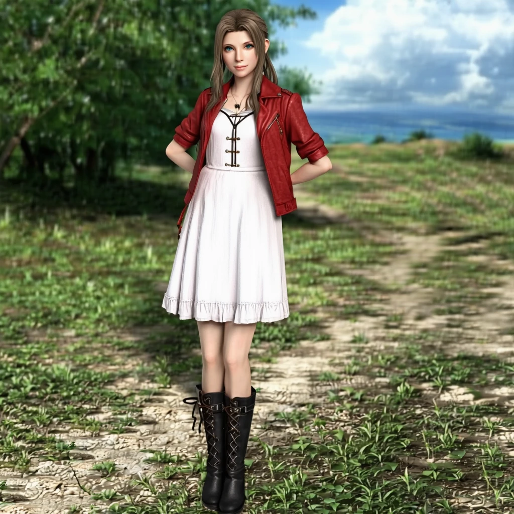 aid_aerith_ff7, aerith gainsborough, 1girl, solo, long hair, brown hair, green eyes, white dress, long dress, red jacket, cropped jacket, short sleeves, boots, black boots, looking at viewer, standing, outdoors, full body