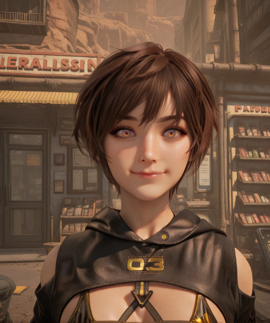 lilisbxl, multicolored eyes, brown hair,
leotard, bra, jacket, 03, light smile,
upper body, looking at viewer,
outdoors, solo, shop,
clear composition, atmospheric haze, ambient occlusion, solo,
(insanely detailed, masterpiece, best quality), <lora:liliSBxl-12v1-ill:1>,