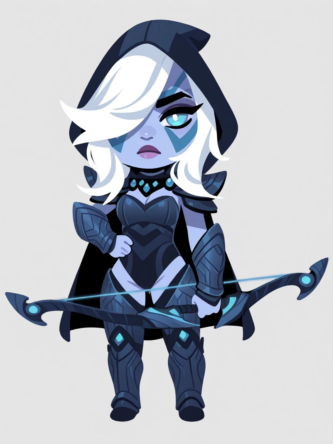 <lora:DotA_DrowDefault-IL:0.9> 1girl, solo, chibi, full body, holding weapon, bow \(weapon\), lineless art, white background, d2drwdef, white hair, hair over one eye, blue eyes, facial mark, colored skin, purple lips, hood up, cape, shoulder armor, leotard, cleavage, vambraces, greaves, DogePOS-NAI_30v