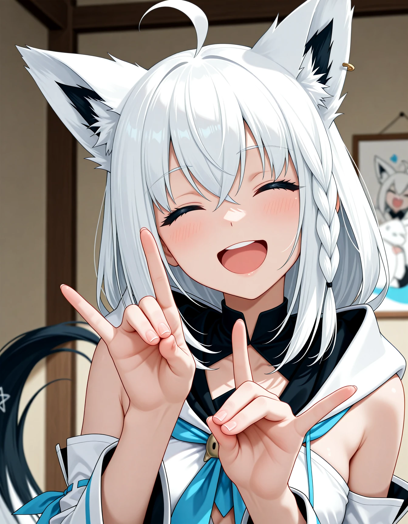 <lora:A dmd2-lighting8step_cfg1.5:1>,official style,masterpiece,best quality,very aesthetic,absurdres,newest,1girl,blurry,shirakami fubuki,smile,open mouth,closed eyes,fox_shadow_puppet,