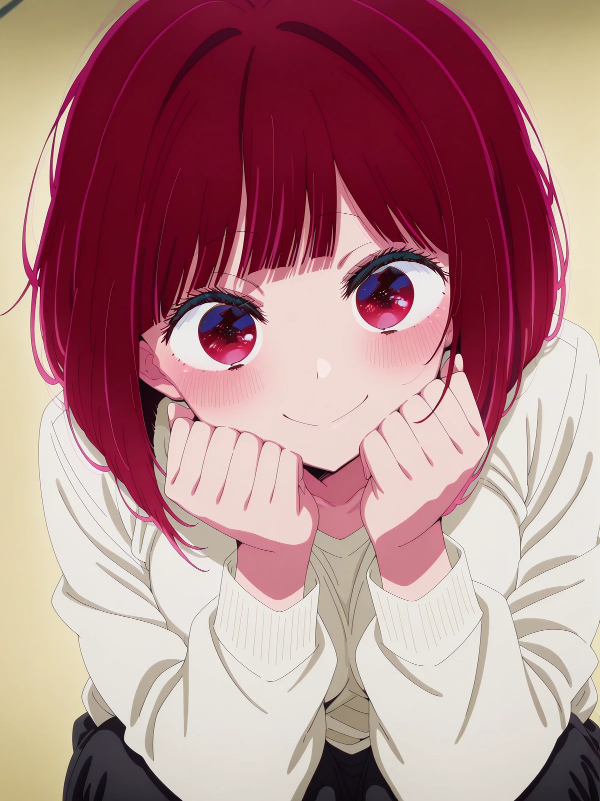 masterpiece, best quality, amazing quality,, <lora:kana-arima-s1-illustriousxl-lora-nochekaiser:1>, kana arima, arima kana, short hair, bangs, red eyes, red hair, bob cut, mature female, small breasts, anime screencap,, <lora:amane-himeno-photoshoot-illustriousxl-lora-nochekaiser:1>, amane himeno photoshoot, solo, looking at viewer, blush, smile, closed mouth, squatting, head rest,, , ,