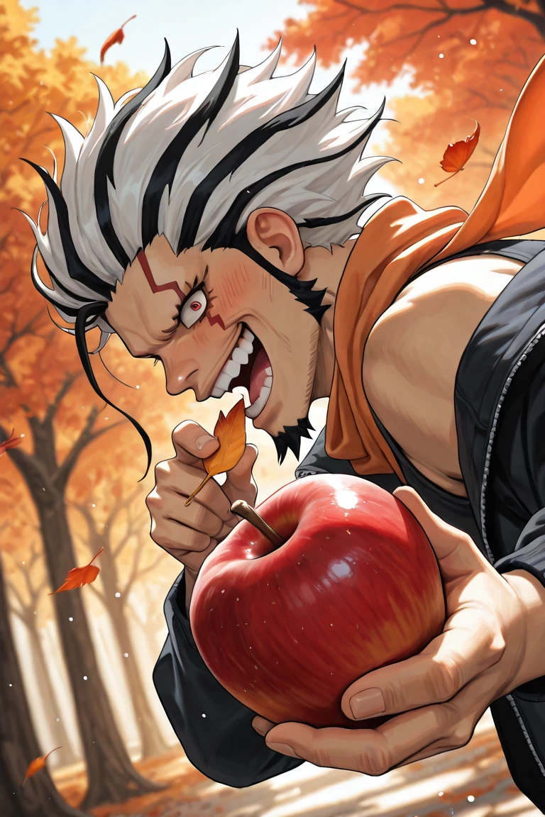 anime screencap,

robex-1male focus, white-black_robex_hair, black_robex_facial mark, reddish yellow_robex_eyes, open mouth, smiling, looking at viewer, slight blush, incoming bite,

holding apple, eating,

orange cloth, bare shoulders, [jacket], windy, floating clothes, alternate costume, intricately detailed clothes,

from side, blurry background, autumn, autumn leaf, tree, floating leaf,

close-up, foreshortening, dynamic angle, dynamic action, atmospheric perspective, depth of field, cinematic, light particles, visual effects,

masterpiece, best quality, amazing quality, very aesthetic, absurdres, newest, very awa