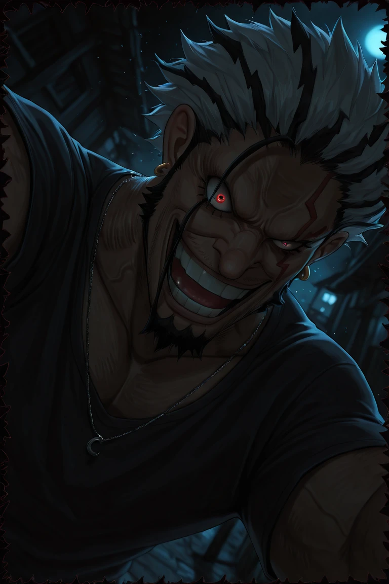 anime screencap, dim lighting theme, intricately detailed floral border,
robex-1male focus, white-black_robex_hair, black_robex_facial mark, reddish yellow_robex_eyes, robex_jewelry, manly, bara, veins, expressive manly naughty face, looking at viewer, parted lips, breath, adam's apple, head tilt,
shirt, jewelry, necklace, ear piercing, hair ornament, alternate costume, intricately detailed jewelry, intricately detailed clothes,
black background, dark, dark theme, dark environment, night,
close-up, foreshortening, dynamic angle, dynamic action, atmospheric perspective, depth of field, light particles, visual effects,
masterpiece, best quality, amazing quality, very aesthetic, absurdres, newest, very awa