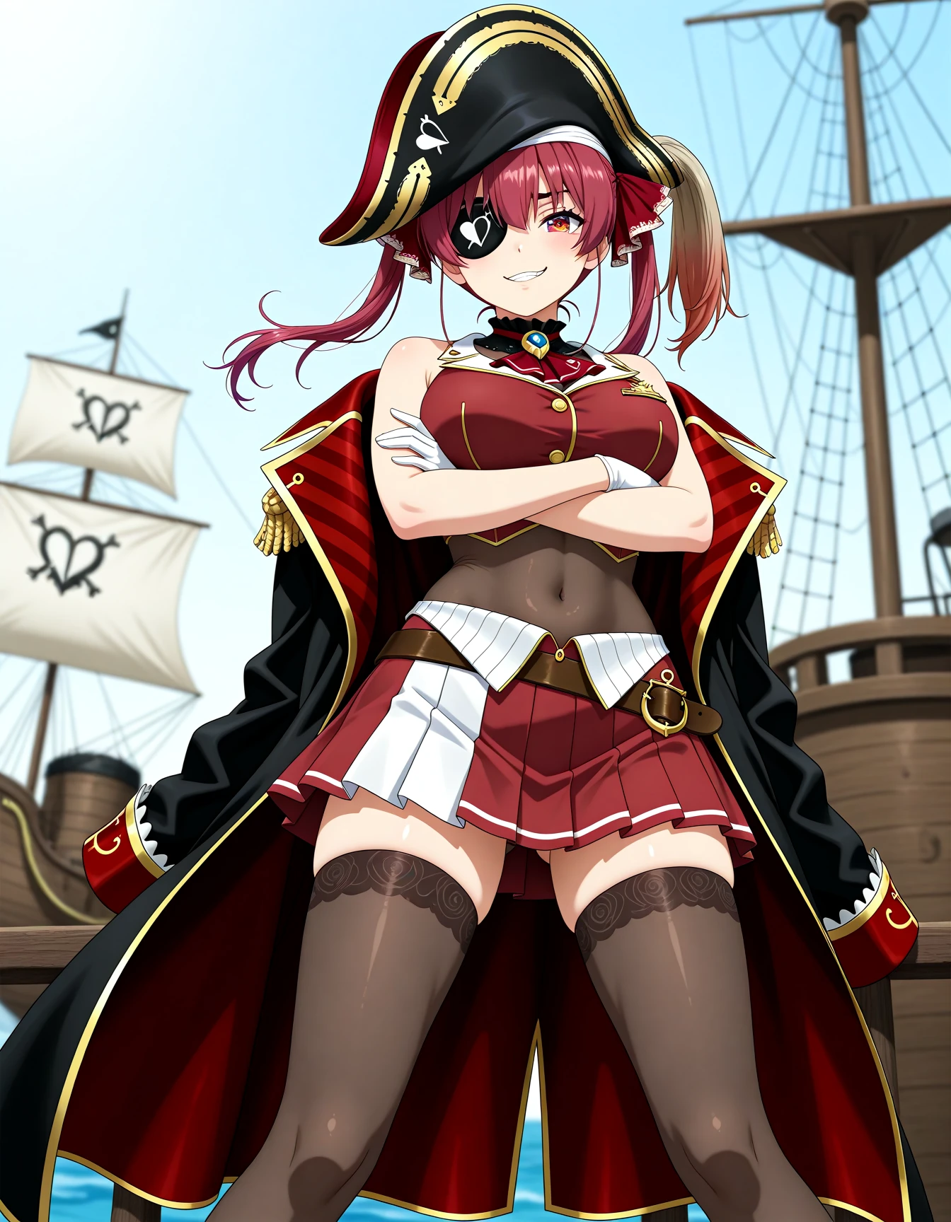 <lora:A dmd2-lighting8step_cfg1.5:1>,official style,masterpiece,best quality,very aesthetic,absurdres,newest,1girl,blurry,houshou marine,pirate ship,smirk,arms_crossed,legs_apart,standing,