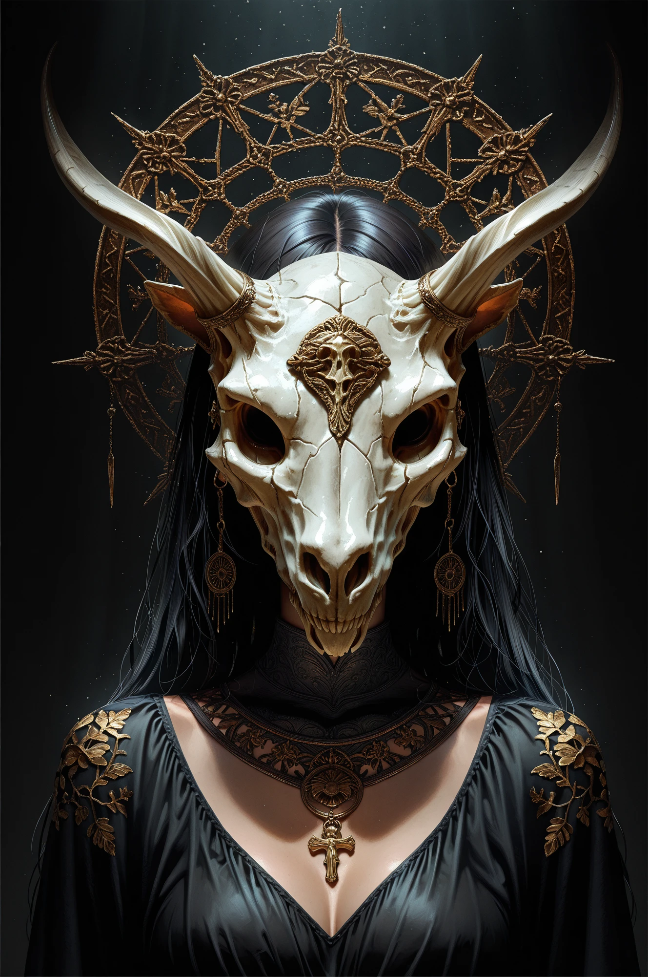 masterpiece, best quality, high resolution, 8k, stylized digital art, aesthetic illustration, amazing quality, very aesthetic, cinematic angle, photorealistic, dramatic lighting, 
portrait of woman, full head mask in the form of an animal skull, fantasy mask black and silver colors, carved ornament and flowers on the bones, dress with ritual symbols and bones, dark background