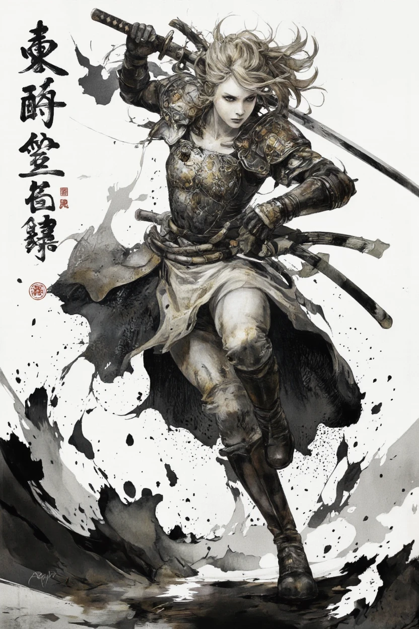 HaruNaka style. A highly detailed and realistic digital illustration in black and white, depicting a fierce female warrior in a dynamic pose, wielding a large katana and striking a powerful stance. the warrior, a woman with long, flowing hair, is in the middle of the image, wearing ornate armor with intricate designs and knee-high boots, and appears to be focused intently on her battle. she stands in the center of the frame, surrounded by a stark contrast between the stark white background and the dark, gritty texture of her armor. her expression is determined and focused, and her body language conveys strength and courage. her posture is strong and powerful, with her sword held firmly in her right hand and her left hand gripping the handle of the katana tightly. the background is filled with splashes of ink, adding to the dramatic effect of the artwork, creating a sense of movement and intensity. the artist's signature is visible in the bottom right corner, adding a touch of authenticity to the overall composition.
1girl, solo, long hair, looking at viewer, blonde hair, gloves, dress, holding, closed mouth, full body, standing, weapon, boots, sword, holding weapon, leg up, armor, shoulder armor, holding sword, fighting, fighting stance, sword fight, fighting with sword
camera_angle: from below, art_style: digital illustration, location: indoor, background: stark white backdrop with subtle splashes, text: NA, image_composition: middle, clothing: ornamental armor, detailed armor, hair_color: brown hair, distance_to_camera: full body;full body, hairstyle: long hair;long hair, facial_expression: determined;serious, action: fighting with a sword;holding sword, accessory: NA;NA, pants: armor;medieval boots, eye_direction: looking down;looking down, race: light skin;dark skin, shoes: dark boots;black boots, ear: N/a, body: slim;muscular, gender: 1woman, eye-level: facing viewer;looking at viewer;na, facing_ direction: facing away;looking to the side;facing away, facial expression: determined, gender=1woman, action : standing with sword in hand;standing with sword;standing upright, eyes focused on something in front of her;looking straight ahead, eye _direction: closed mouth;looking downwards
