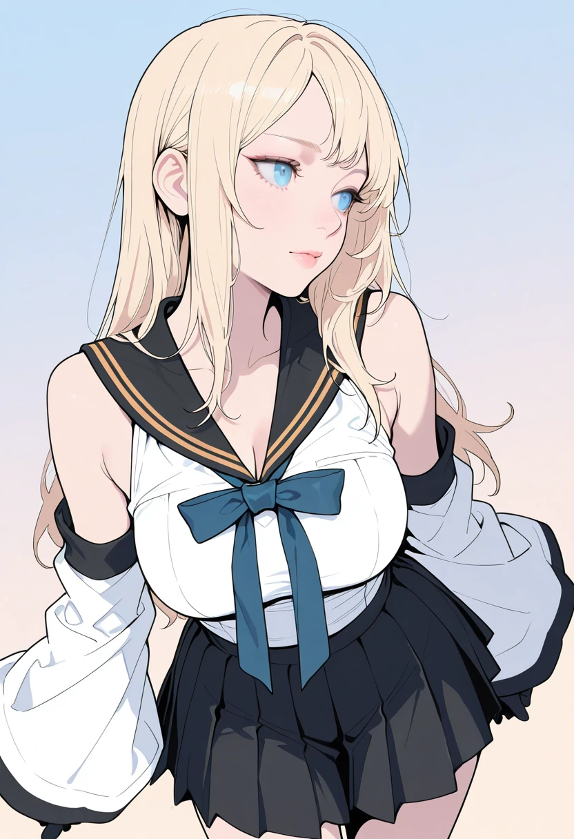 HDR, masterpiece, best quality, very aesthetic, (realistic:1.1), (flat color:1.5),
bibi, 1girl, solo, blue eyes, blonde hair, long hair,
dress, black sailor collar, detached sleeves, wide sleeves, bare shoulders, white shirt, sleeveless shirt, pleated skirt, elbow gloves, large breasts,
