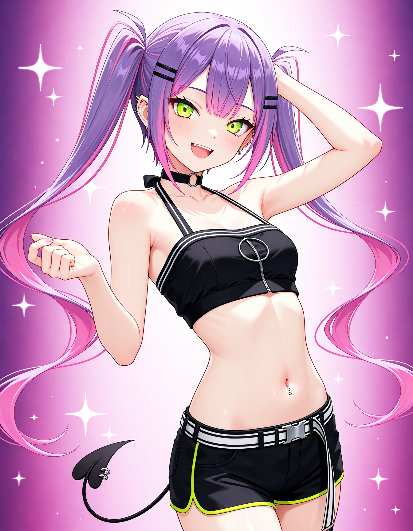 <lora:A dmd2-lighting8step_cfg1.5:1>,official style,masterpiece,best quality,very aesthetic,absurdres,newest,posing,sparkle_background,1girl,smile,open mouth,live2d,tokoyami towa,