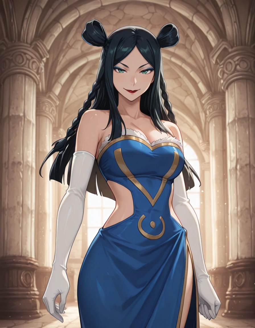 <lora:Minerva Orland_SDXL_IL_V1:1>,m1n1eb,1girl,solo,black hair,long hair,double bun,twin braids,blue eyeshadow,dark green eyes,lipstick,large breasts,bare shoulders,blue slit dress,white elbow gloves,black boots,
looking_at_viewer,available light,smile,moody lighting,day,castle,cowboy_shot,indoors,, Best quality,masterpiece,soft light,official art,masterpiece,high quality,highres,absurdres,best quality,epic scene,natural textures,16k, masterpiece, absurdes, highly detailed, highres, high quality, best quality, score_9, score_8_up, score_7_up, source_anime, masterpiece, perfect face, perfect eyes,(extremely detailed face),Smooth Quality,