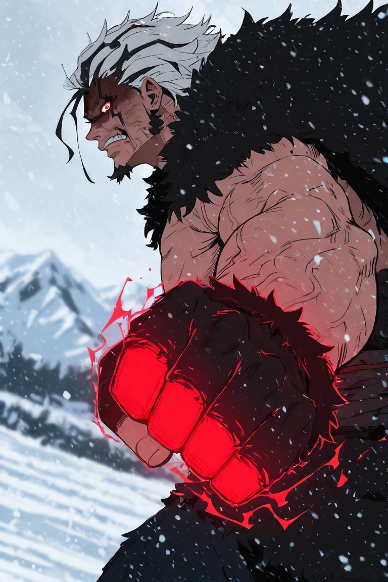 anime screencap, flat color,

robex-1male focus, white-black_robex_hair, black_robex_facial mark, reddish yellow_robex_eyes, veins, manly, looking at viewer, serious,

[dancing, [clenched fists]], fighting stance, black lightning-aura, glowing fist,

broad shoulders, shaded face, fur-trimmed coat, neckalce, intricately detailed clothes, windy, floating clothes,

blurry background, sunlight, snow, snowing, snowy mountain,

from side, close-up,dynamic angle,  dynamic action, atmospheric perspective, depth of field, light particles, visual effects,

masterpiece, best quality, amazing quality, very aesthetic, absurdres, newest, very awa