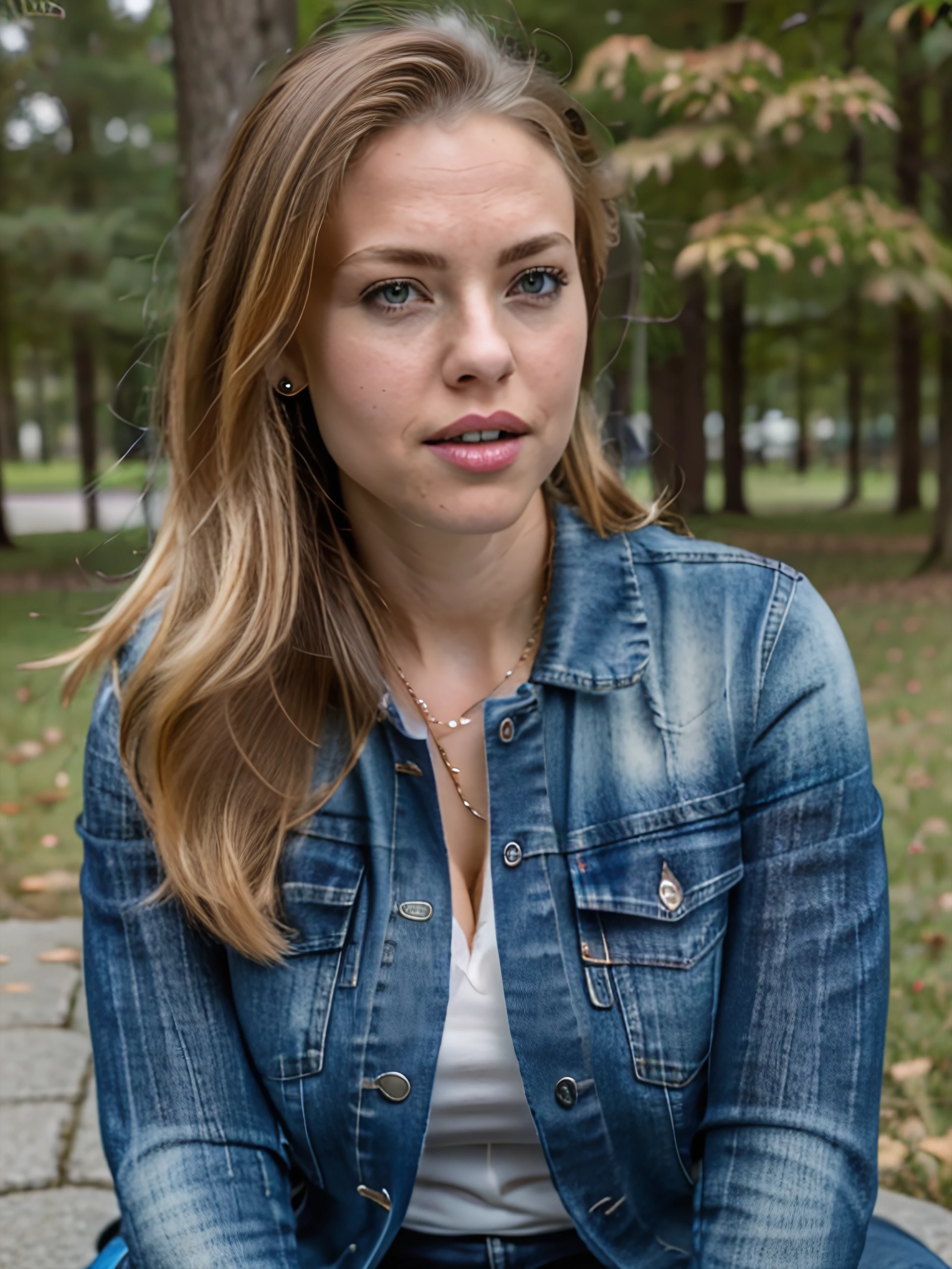 tiff4ny, realistic photograph, blonde hair, wavy hair, outdoors, tights, earrings, denim jacket, open mouth, looking up, masterpiece, 8k, ultra-Hd