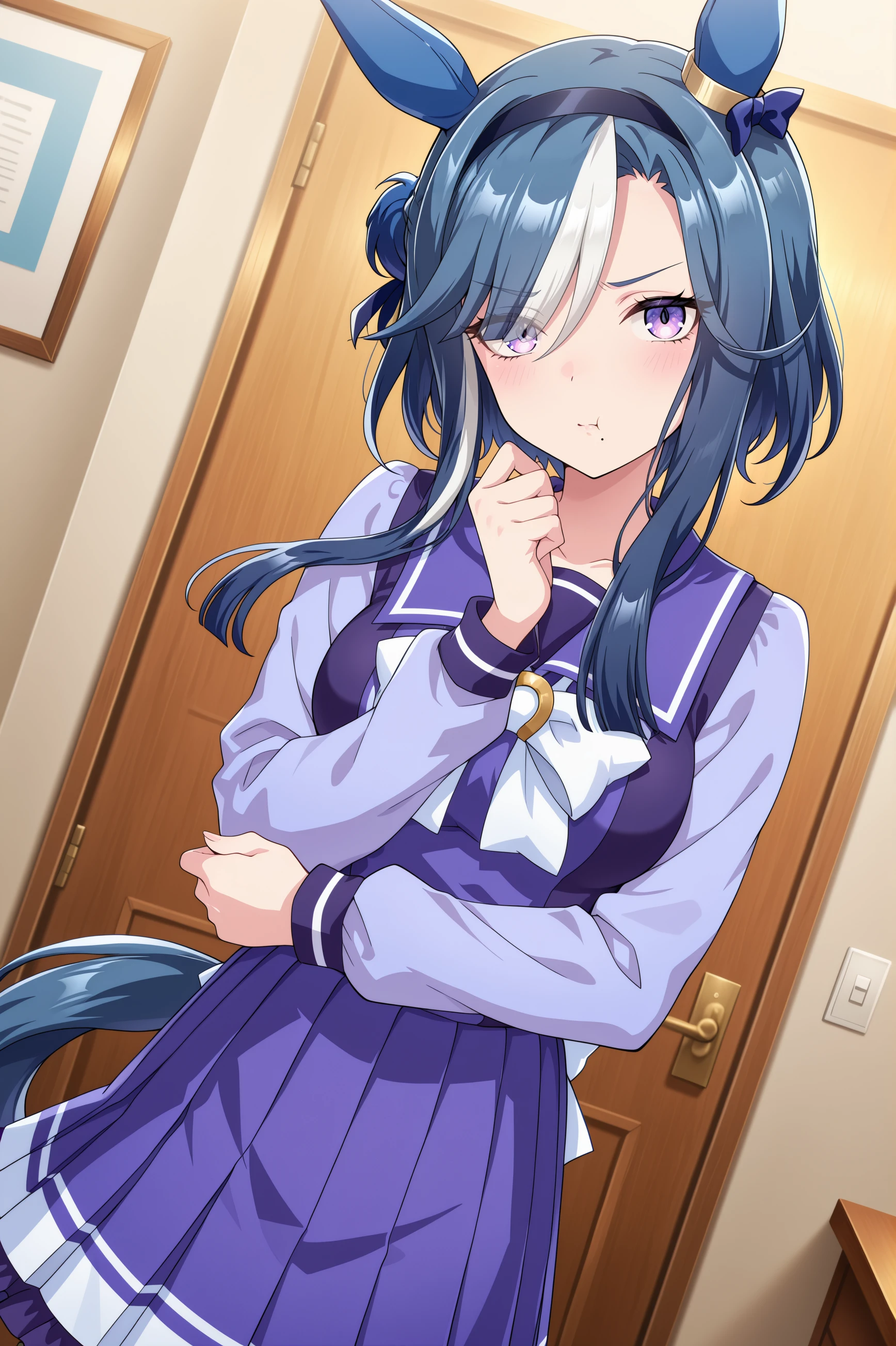 1girl, admire groove \(umamusume\), umamusume, animal ears, horse ears, horse girl, solo,
blue hair, purple eyes, multicolored hair, hair bun,ear covers, ear bow, medium breasts, white hair, two-tone hair, streaked hair, ear ornament, black hairband, medium hair, mole under mouth, blue bow, short hair with long locks, eyes visible through hair, hair over one eye,
<lora:admiregroove_Illust_v2:0.7>
tracen school uniform, long sleeves, winter uniform, purple skirt,
dutch angle, cinematic angle, looking at viewer, pout, parted lips,
(masterpiece, best quality, newest, highres), (anime coloring:1.5), (anime screenshot:1.5)