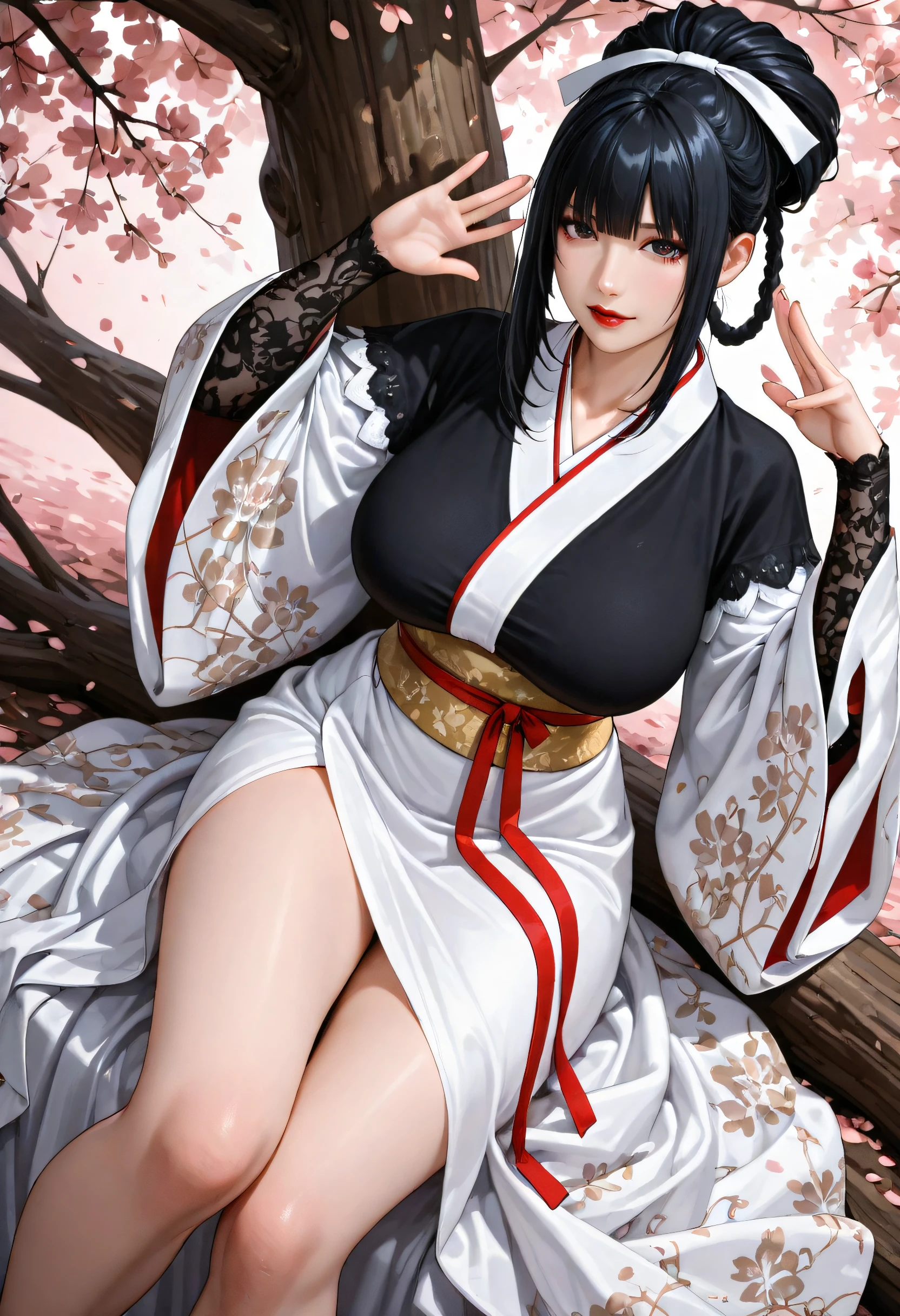 photorealistic,realistic,soft light,emotional expression,realistic shadows,erotic tension,digital painting,cel-shading,masterpiece,best quality,amazing quality,absurdres,ultra detailed,8k,ray tracing,very aesthetic,volumetric lighting,newest,anthro,detailed face eyes and fur,uncensored,
embedding:lazympos,
1girl, solo, mature female, wolharang, black hair, very long hair, braid, side braid, long_bangs, hair_over_one_eye, blunt bangs, long sidelocks, hair ribbon, hair bow, tied hair, updo, sharp eyes, long eyelashes, red lipstick, huge breasts, curvy, narrow_waist, wide hips, thick_thighs, floral_print,
(layered kimono, black outer shirt, white inner dress, white trimming, long sleeves, wide sleeves, red belt guard, yellow waist sash, gold trimming, slit dress, long dress, embroidered sleeve), sitting, knees together, floating_hair, hair_flowing_over, floating_clothes, hands on tree,
cowboy_shot, dutch_angle, looking_at_viewer, from above,
floral_background, branch, tree, falling_petals, pink_background, natural background,