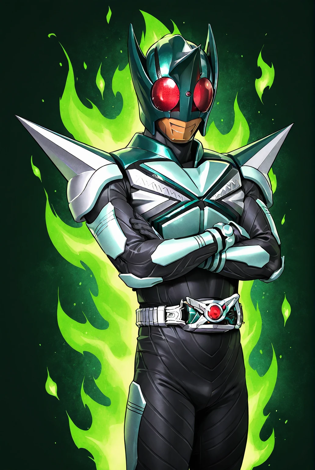 very awe,aesthetically pleasing,masterpiece,best quality,amazing quality,very aesthetic,ultra-detailed,high resolution,8k,1boy,solo,cowboy shot,male focus,detailed face,armor,belt,bodysuit,helmet,red eyes,tokusatsu,spikes,standing,crossed arms,green background,green fire background,<lora:add-detail-xl:1>,<lora:kamen rider kick hopper:0.7>,kick h0pper,