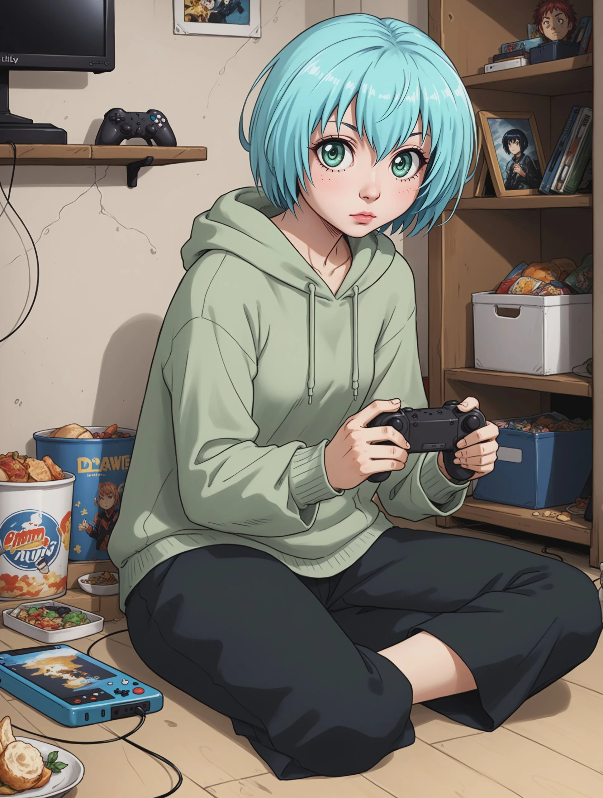 Lelei_La_Lalena, short hair, 1girl, solo, wearing modern clothes (like a simple hoodie), sitting cross-legged on the floor, holding a game controller with perfect precision, staring intently at the TV screen, extreme, deadpan concentration, as if solving a complex mathematical equation, not playing a game, glow from the TV screen reflecting in her eyes, dimly lit room, Itami's room, scattered manga volumes, a game console, empty food containers, score_8_up, score_7_up, comedic, slice of life, anime style, modern setting  <lora:Lelei La Lalena_Pony:1>