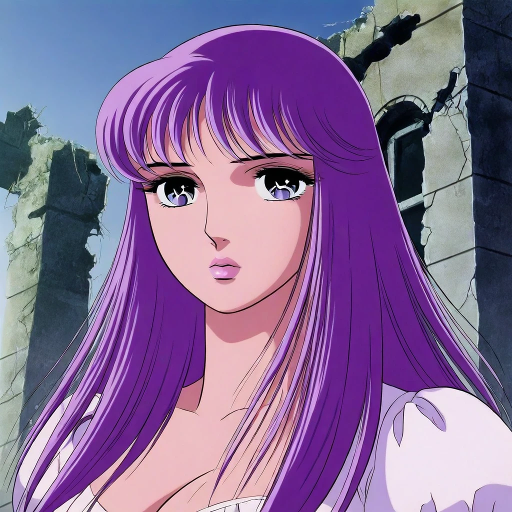 saorikido, pink hair, lips, window, portrait, purple hair, bangs, ruins, large breasts, solo