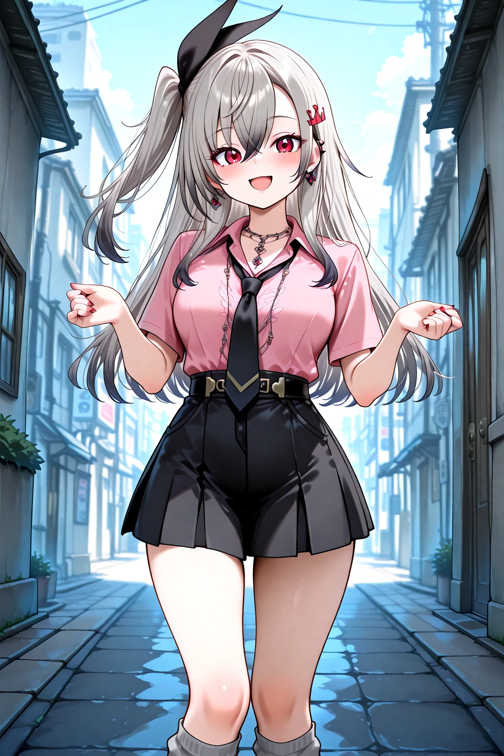 masterpiece, best quality, amazing quality, 1girl, solo, makeup, general, full shot, looking at viewer, blush, dramatic angle, smile, confident, open mouth, sky, street, city, road, outdoors, hands up, <lora:Hololive_Riona:1>, Hololive_Riona, long hair, red eyes, grey hair, hair ornament, hairclip, black hair ribbon, hair between eyes, side ponytail, one side up, breasts, sidelocks, nail polish, gyaru, school uniform, black necktie, loose necktie, pink shirt, shirt tucked in, collared shirt, short sleeves, black skirt, miniskirt, pleated skirt, hair ornament, hair ribbon, hair bow, hairclip, black bow, black ribbon, grey socks, loose socks, kneehighs, loafers, brown footwear, jewelry, earrings, piercing, ear piercing, <lora:wai-A3-V140:1>, <lora:illustrious_noobai_epsilon_pred_1_masterpieces_v1:1>