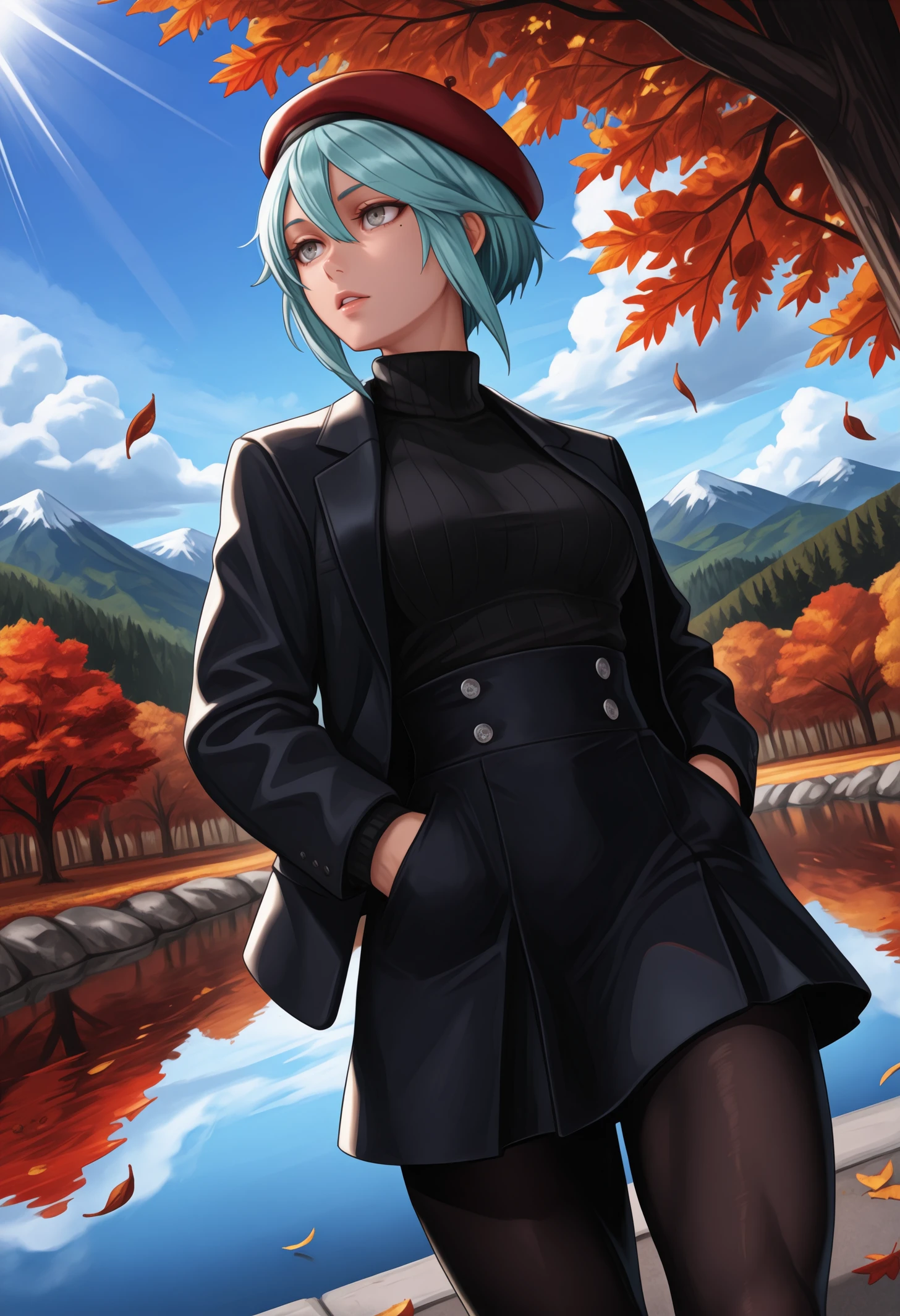 masterpiece, best quality, 1girl, grey eyes, Aqua hair, short hair, hair between eyes, , toned, (mole under eye:0.9),
beret, black blazer, black jacket, black sweater, turtleneck sweater, black high-waist skirt, pantyhose,
looking away, hands in pocket, blazer pockets, parted lips, crossed arms,
outdoors, sky, clouds, autumn, lake, tree, mountain, (falling leaves, floating leaves:1.2), light trail, sunbeam, wind, dutch angle,
<lora:Dagr-Fire-Emblem-NoobAi-1.1_V1-Manityro-CAME:1.0>,