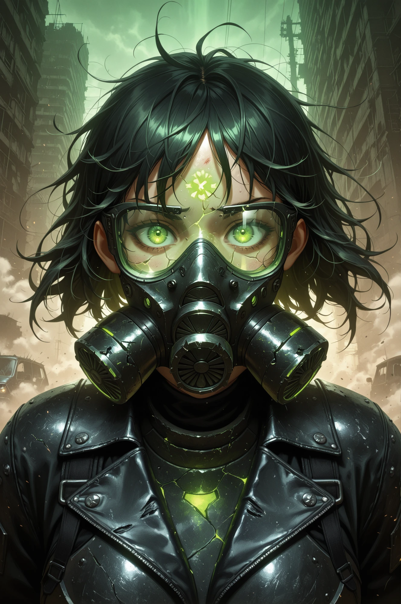 masterpiece, best quality, high resolution, 8k, stylized digital art, aesthetic illustration, amazing quality, very aesthetic, cinematic angle, photorealistic, dramatic lighting, 
ruined city with crumbling skyscrapers, dust and smoke in the air, portrait of a woman, full face mask, wearing heavy respirator mask with metal filters and cracked glass lenses,  
messy hair, torn leather jacket with straps and armor plates, faint green glow inside mask filters, ash falling around