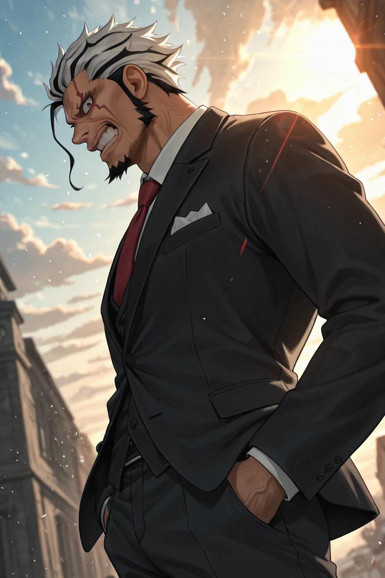 anime screencap,
robex-1male focus, white-black_robex_hair, black_robex_facial mark, reddish yellow_robex_eyes, veins, looking at viewer, clenched teeth, frown,
hands in pocket,
broad shoulders, formal suit, intricately detailed clothes,
blurry background, sunlight, sky, cloud,
from side, close-up,dynamic angle, dynamic action, atmospheric perspective, depth of field, light particles, visual effects,
masterpiece, best quality, amazing quality, very aesthetic, absurdres, newest, very awa